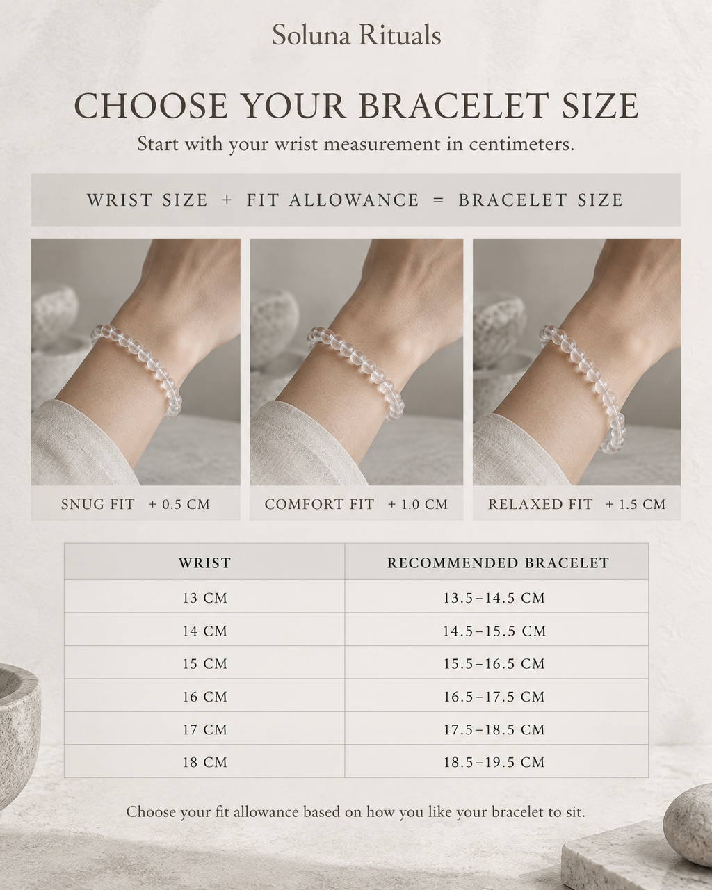 A sizing guide for Soluna Rituals pearl bracelets, showing three panels of a model's wrist wearing a bracelet in snug, comfort, and relaxed fits, alongside a size conversion table.