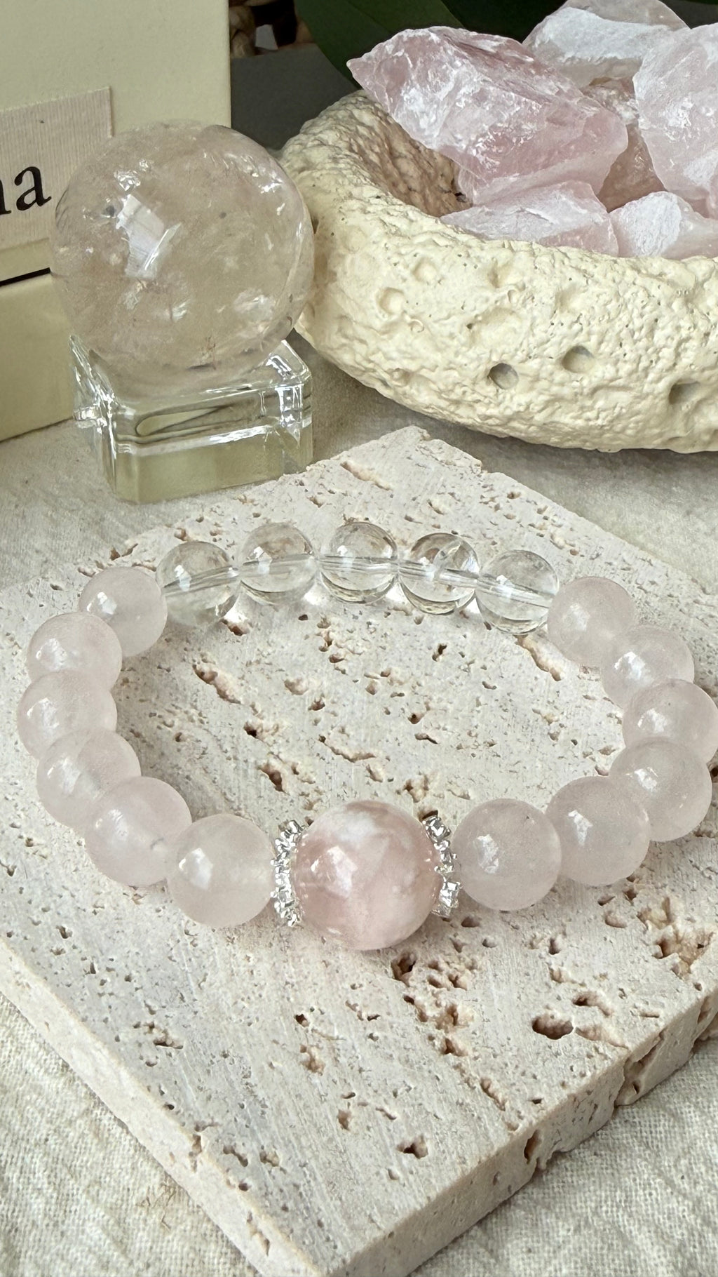 Bridal Blush | 14mm Pink Veil Phantom & Morganite-Pink Quartz Bracelet