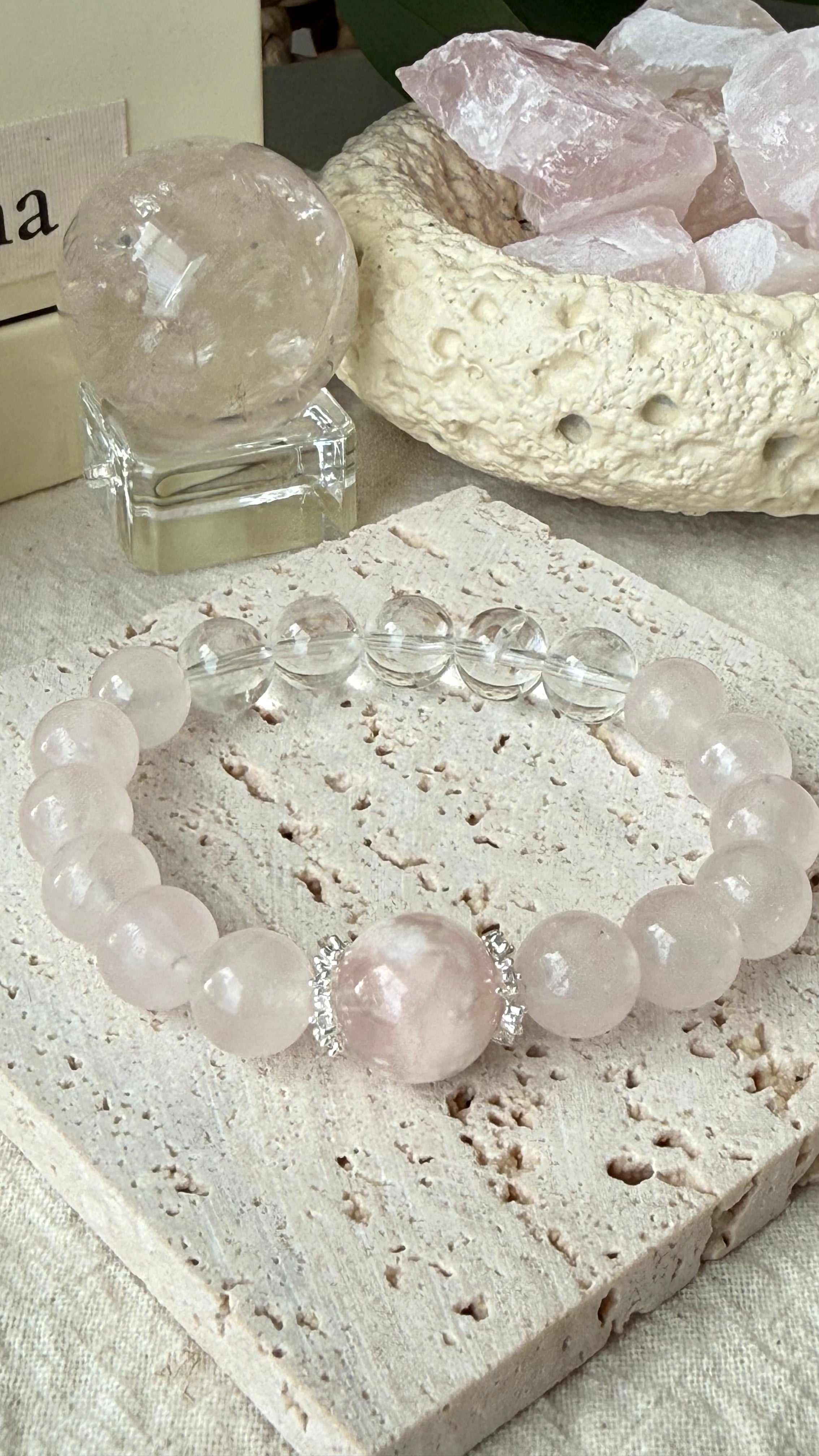 Bridal Blush | 14mm Pink Veil Phantom & Morganite-Pink Quartz Bracelet