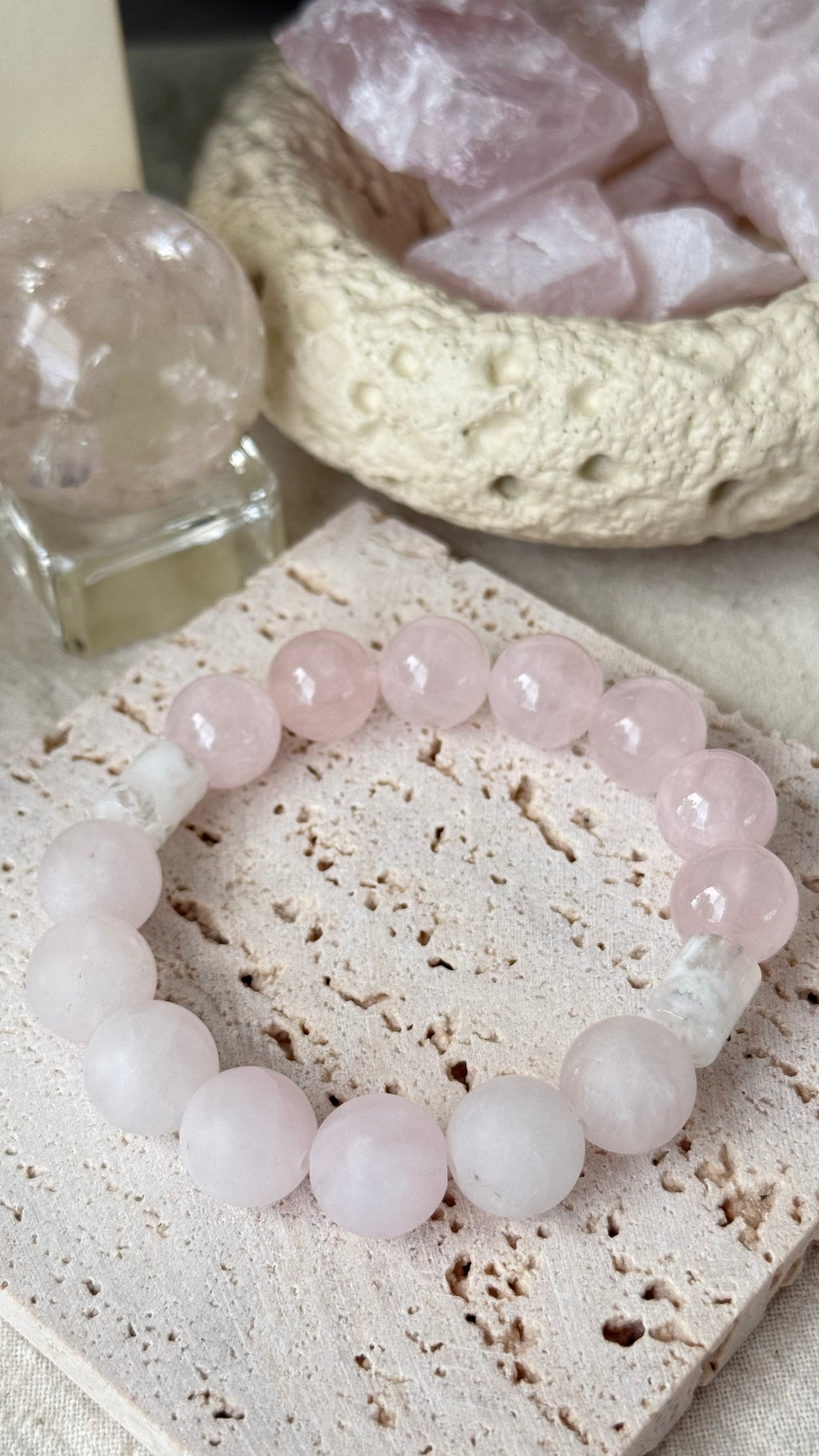Half Sweet | 12mm Frosted & Madagascar Rose Quartz with White Phantom Cylinder
