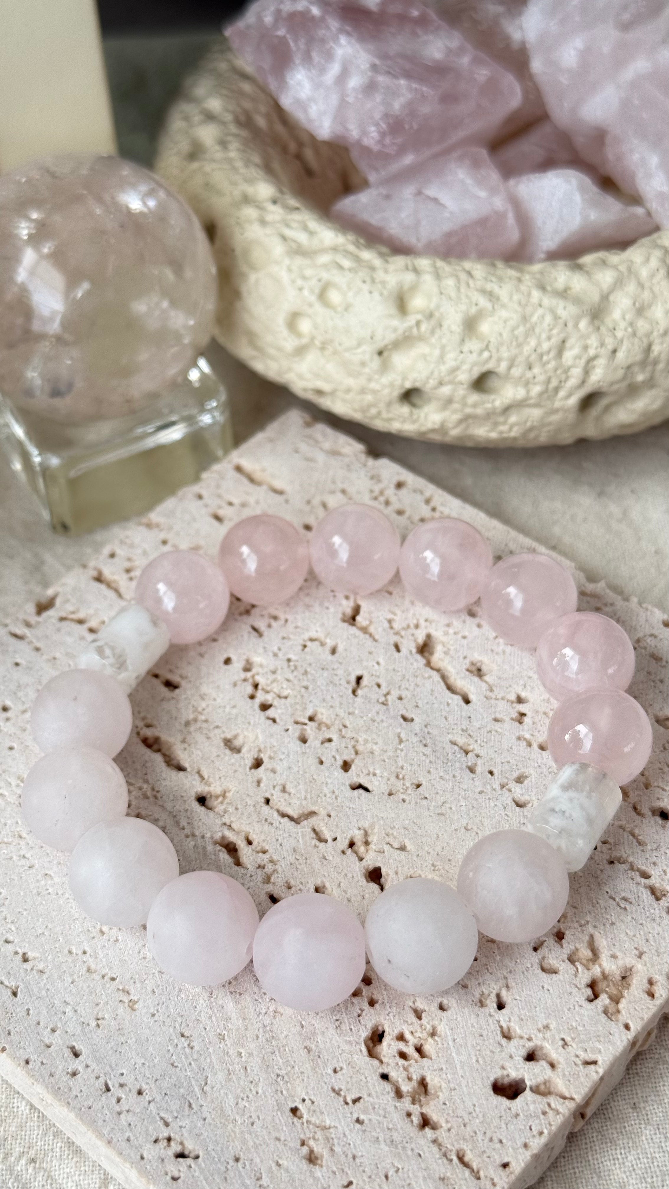 Half Sweet | 12mm Frosted & Madagascar Rose Quartz with White Phantom Cylinder