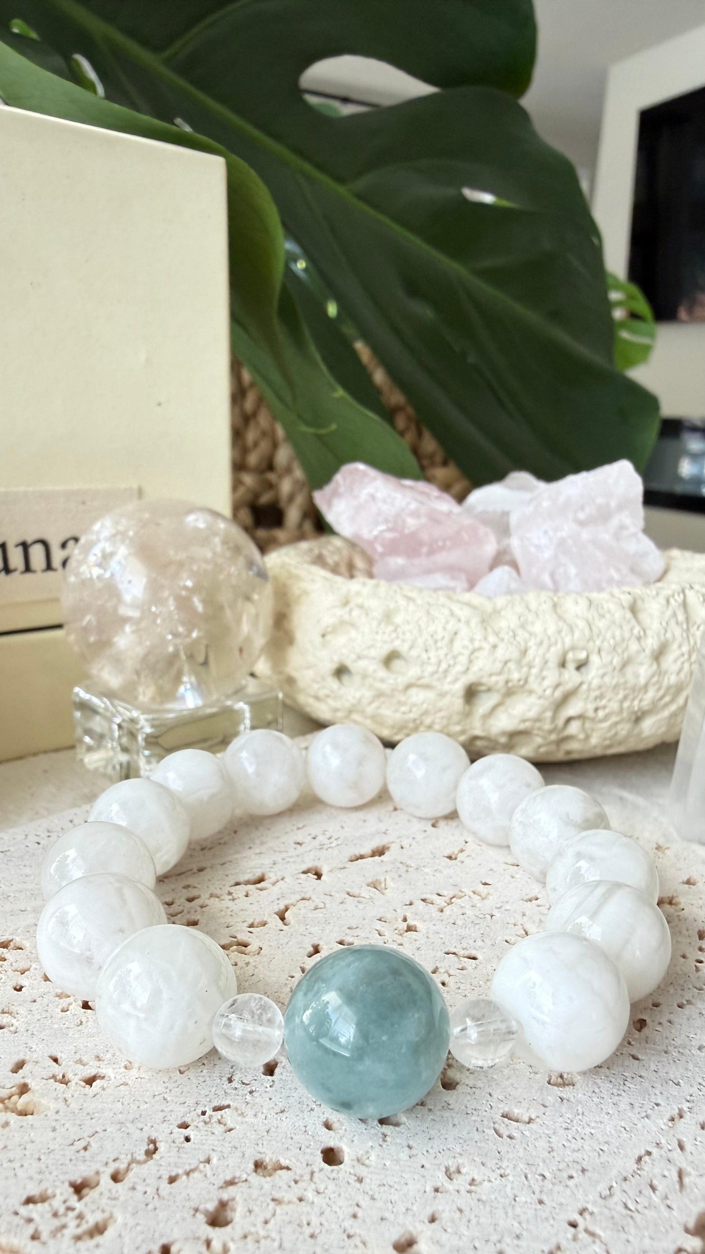 Ocean Mist | 14mm Aquamarine & 12mm White Phantom Quartz Bracelet