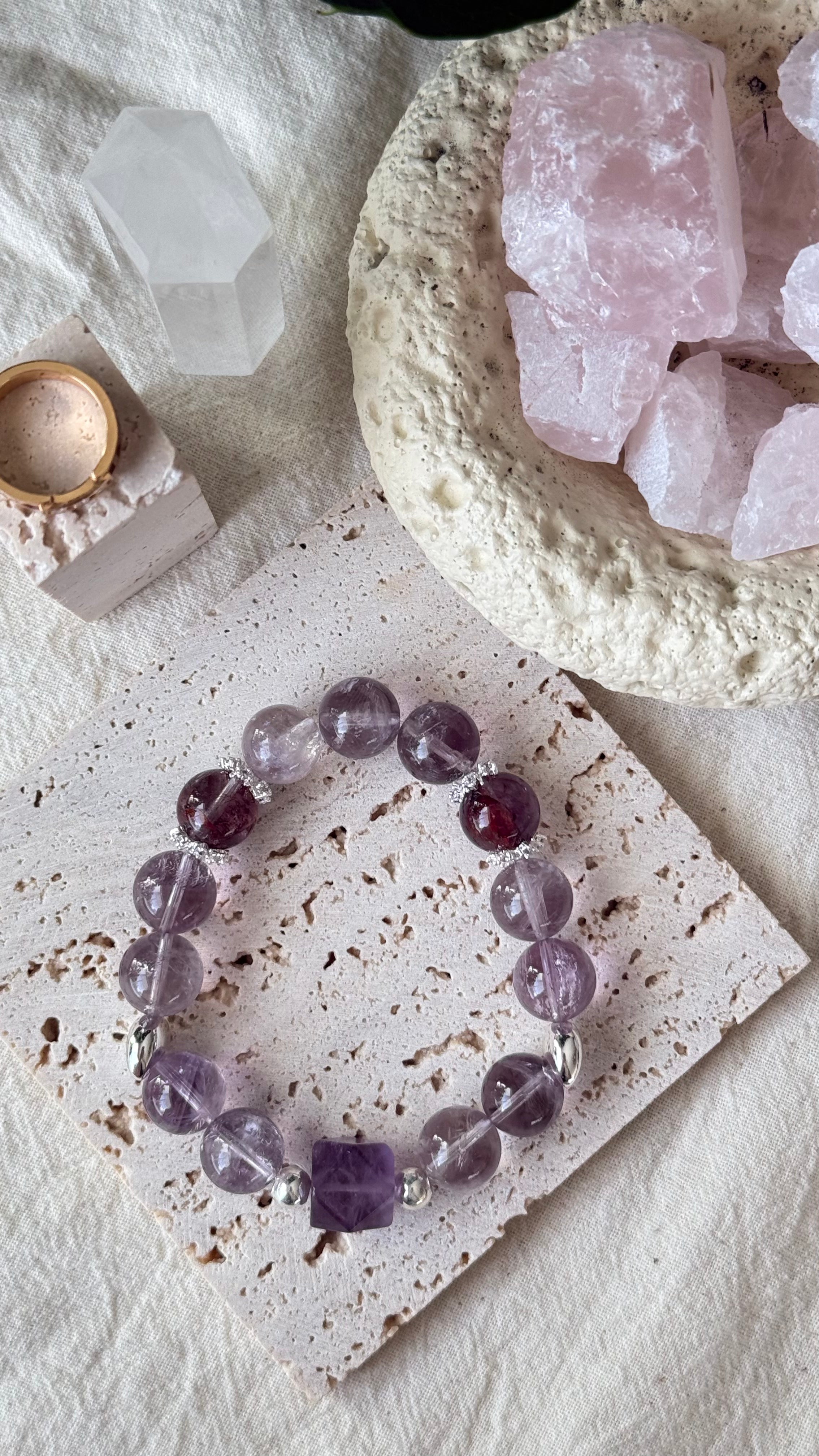Violet Awaken | 12mm Translucent Amethyst & Purple Phantom Bracelet with Gold
