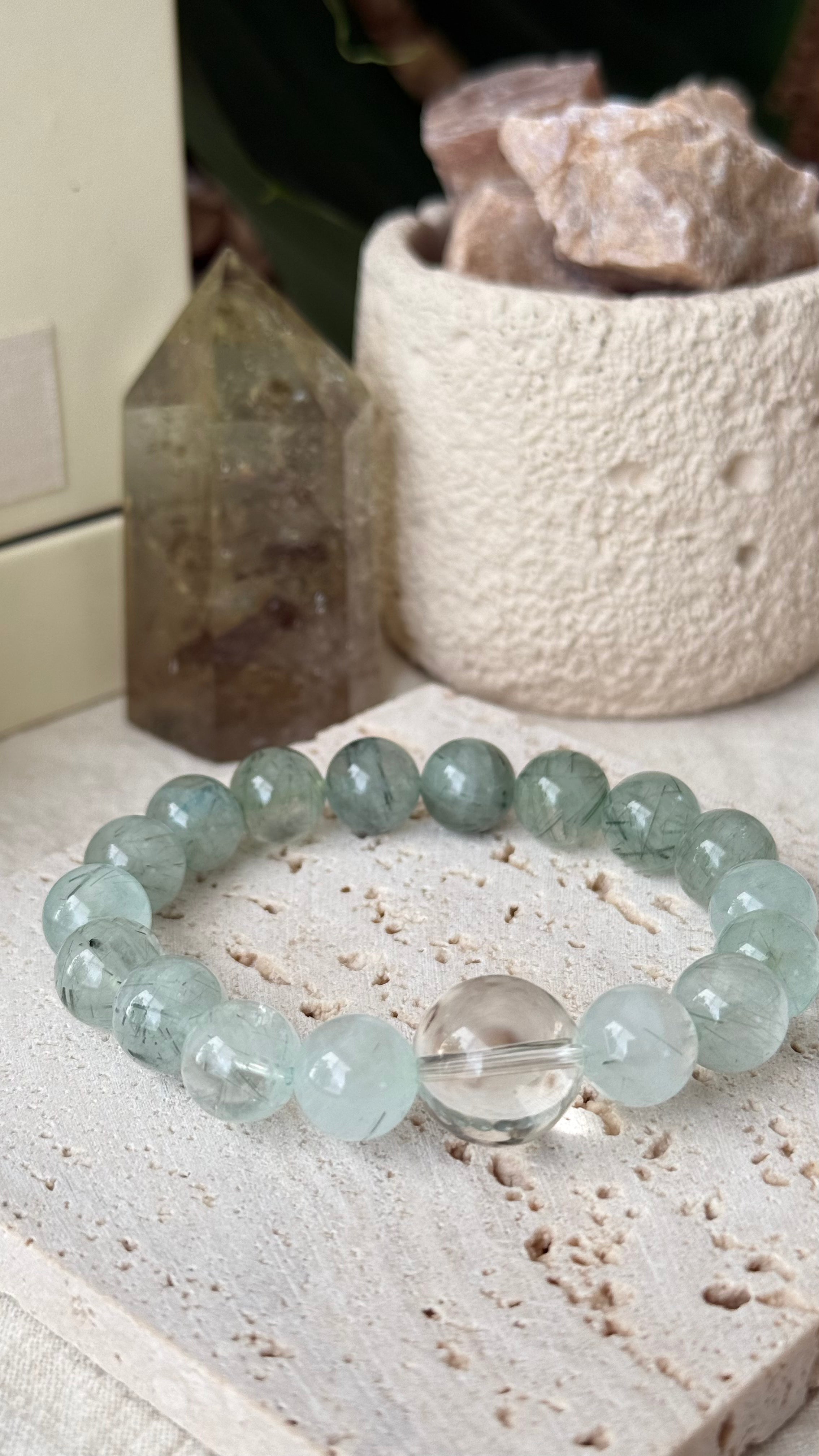 First Spring | 14mm Clear Quartz & Gradient Green Rutilated Quartz Bracelet