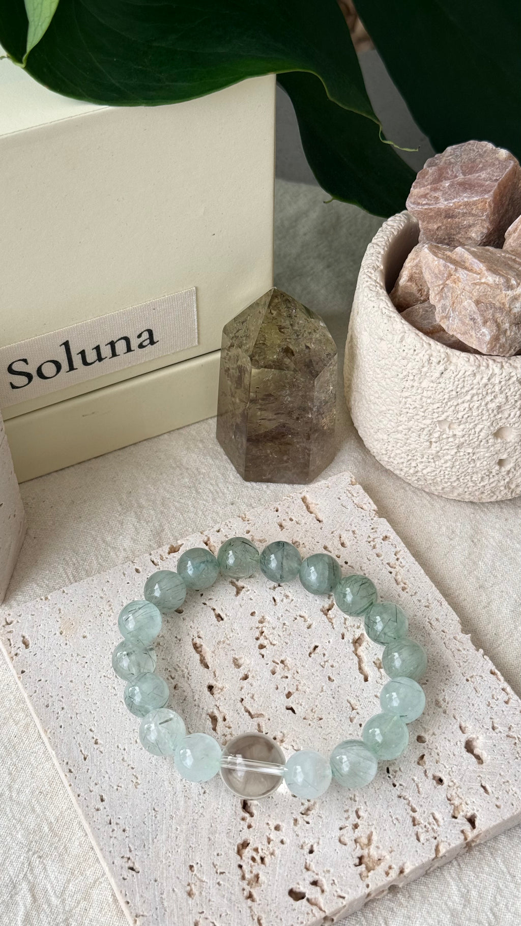 First Spring | 14mm Clear Quartz & Gradient Green Rutilated Quartz Bracelet