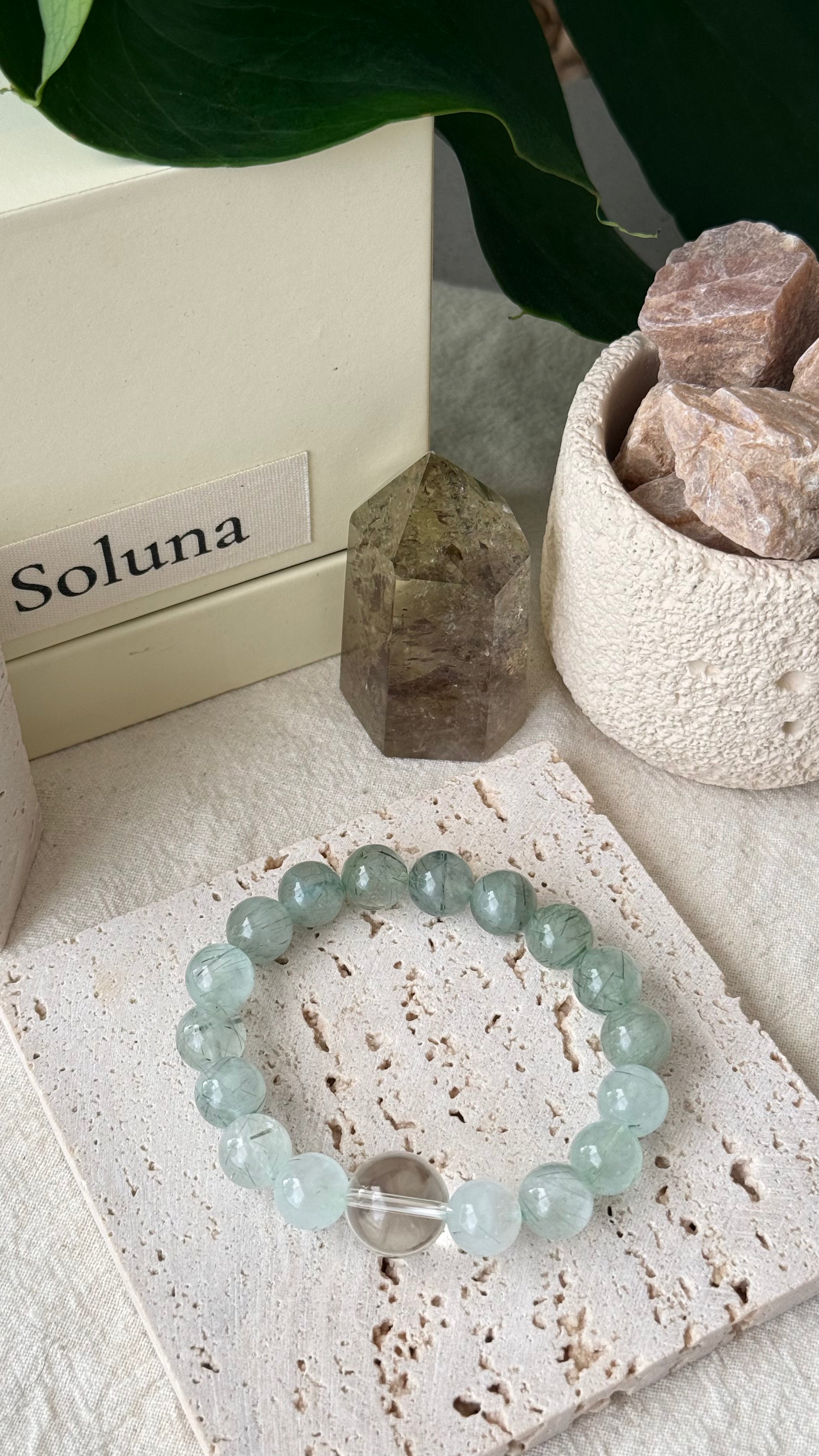 First Spring | 14mm Clear Quartz & Gradient Green Rutilated Quartz Bracelet