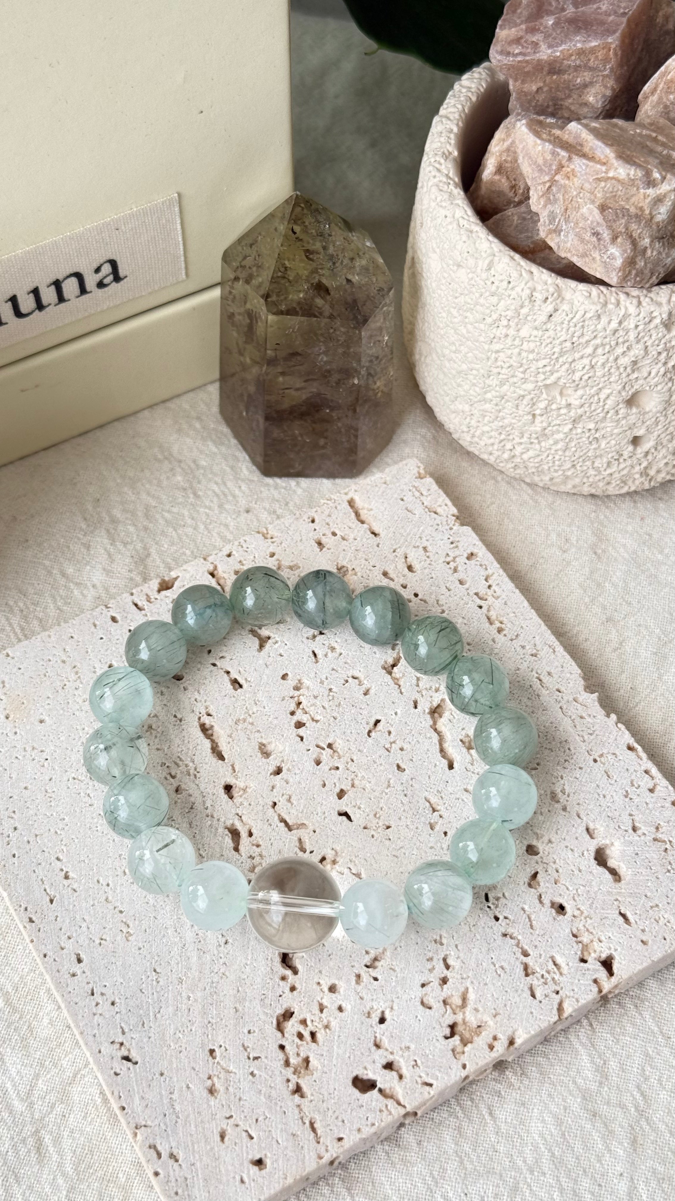 First Spring | 14mm Clear Quartz & Gradient Green Rutilated Quartz Bracelet