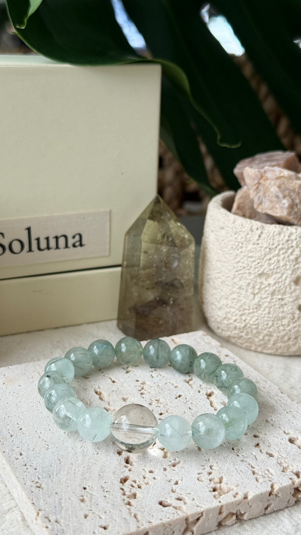 First Spring | 14mm Clear Quartz & Gradient Green Rutilated Quartz Bracelet