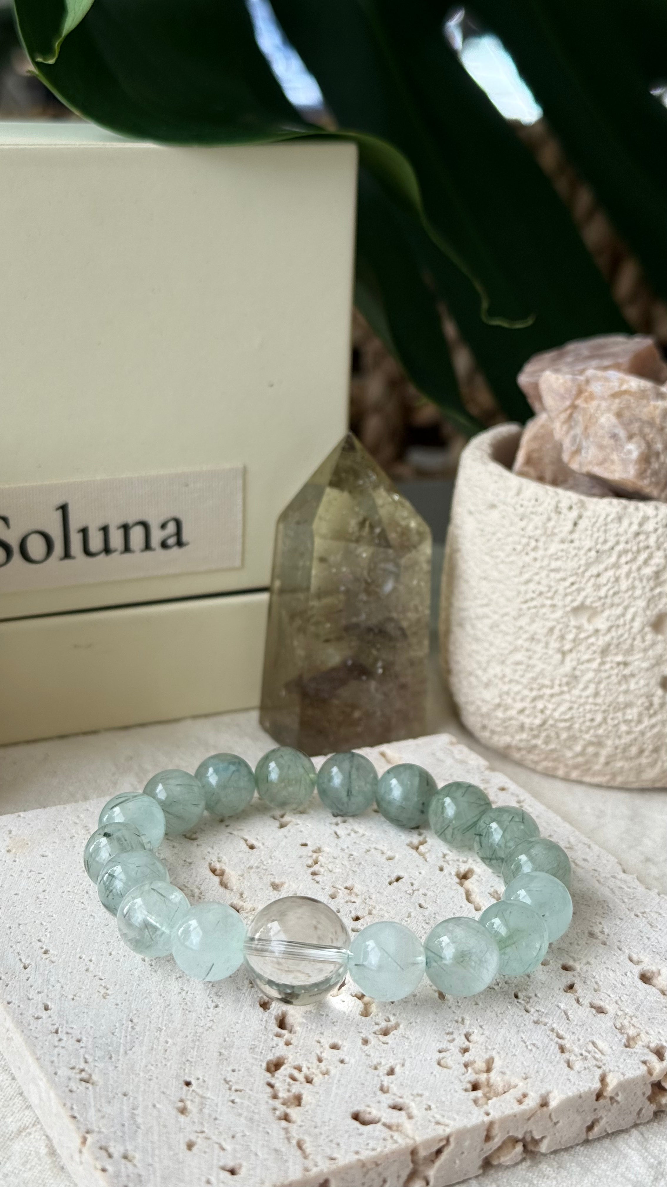 First Spring | 14mm Clear Quartz & Gradient Green Rutilated Quartz Bracelet