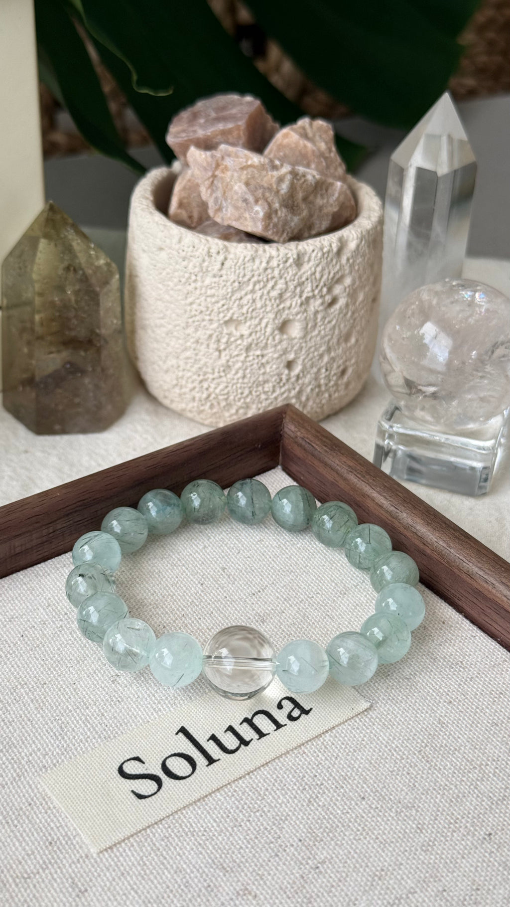 First Spring | 14mm Clear Quartz & Gradient Green Rutilated Quartz Bracelet