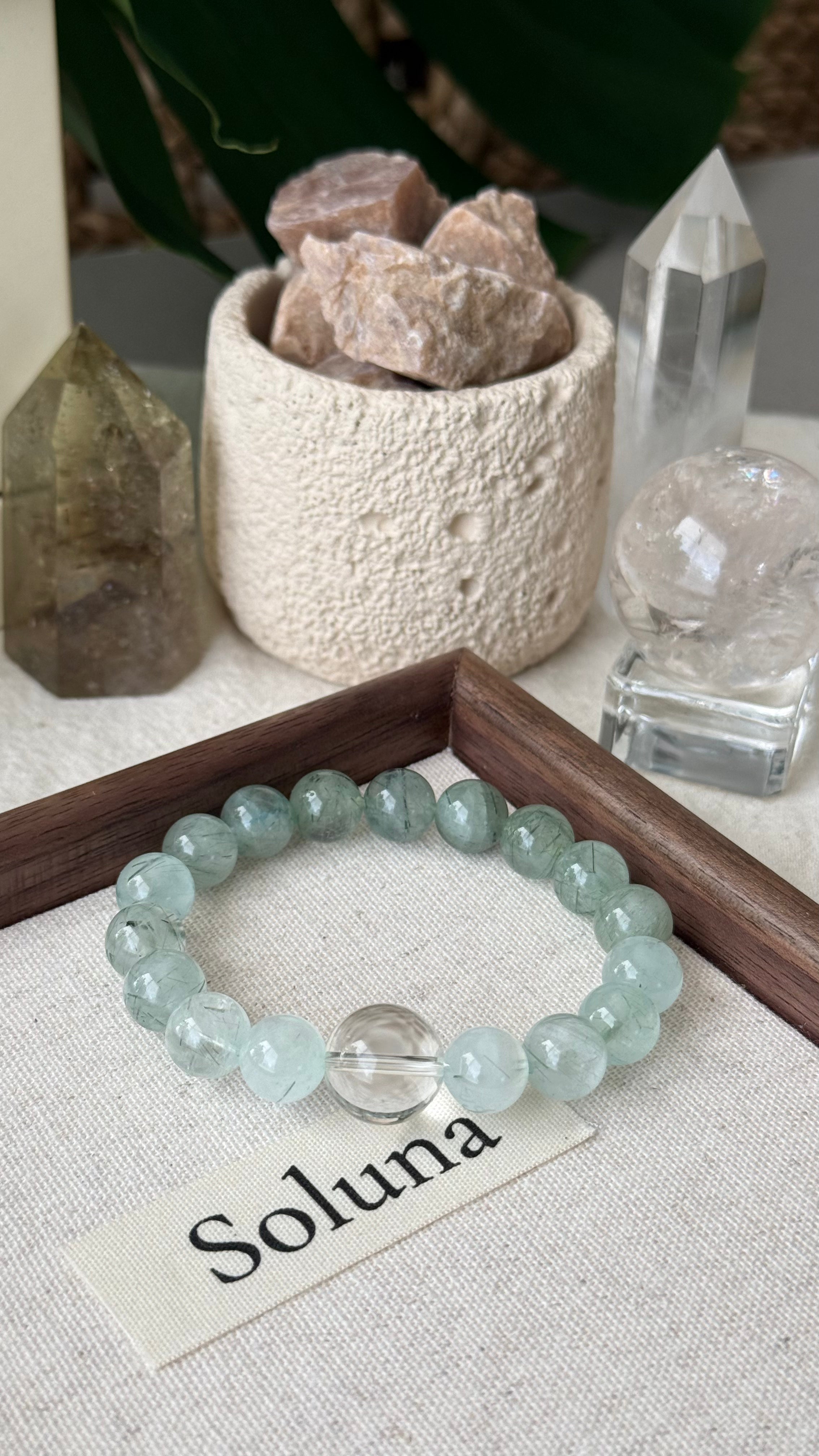 First Spring | 14mm Clear Quartz & Gradient Green Rutilated Quartz Bracelet