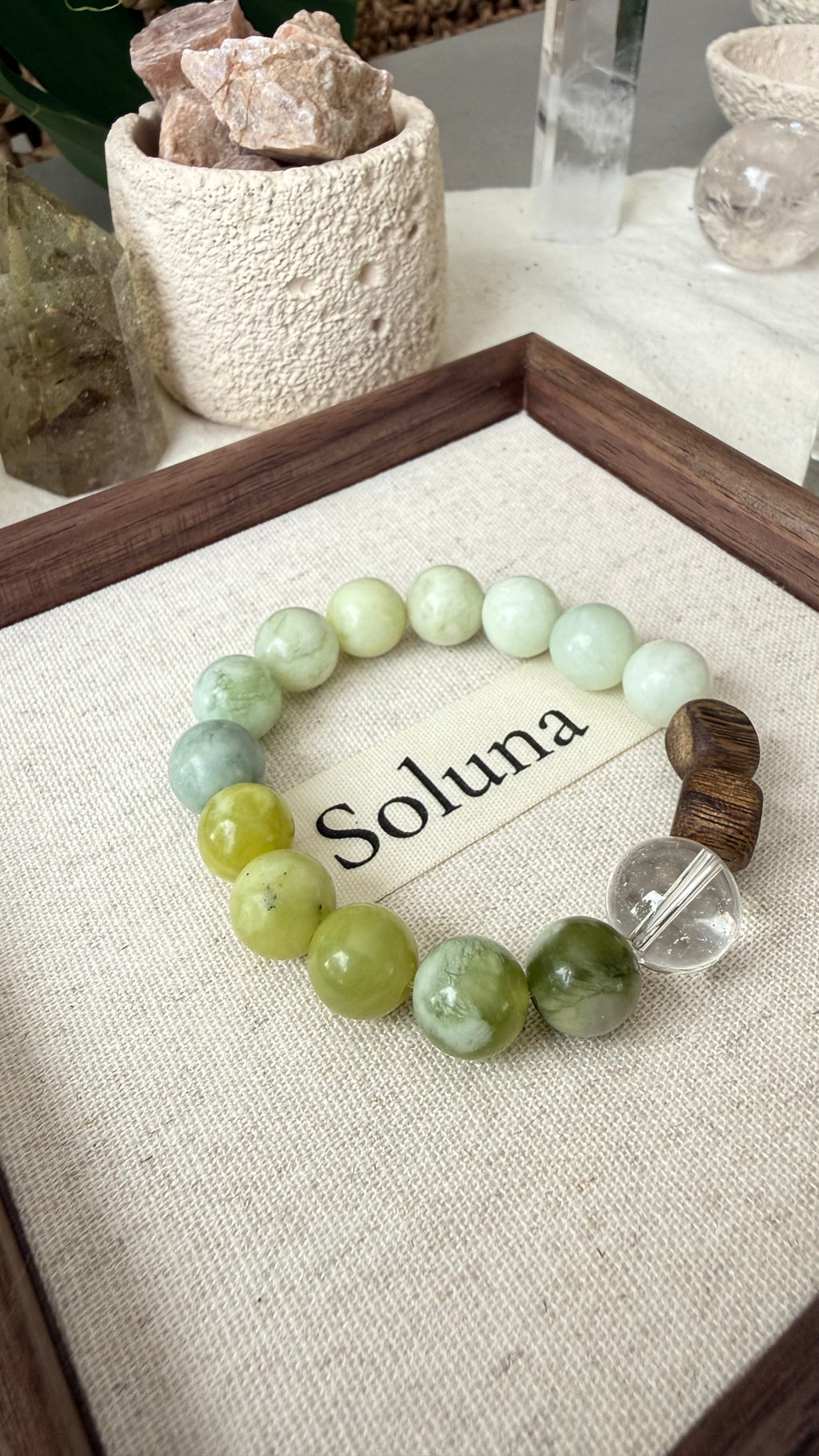 Matcha Wood | 14mm Clear Quartz, Kinam Agarwood & Creamy Xiuyan Jade Bracelet