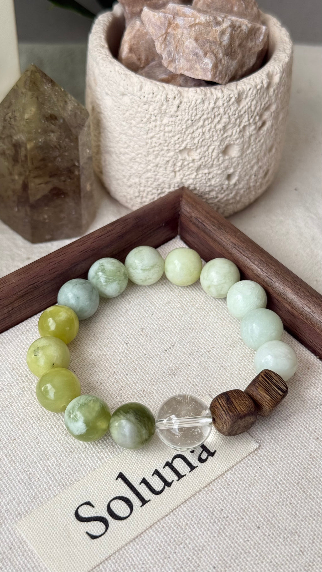 Matcha Wood | 14mm Clear Quartz, Kinam Agarwood & Creamy Xiuyan Jade Bracelet