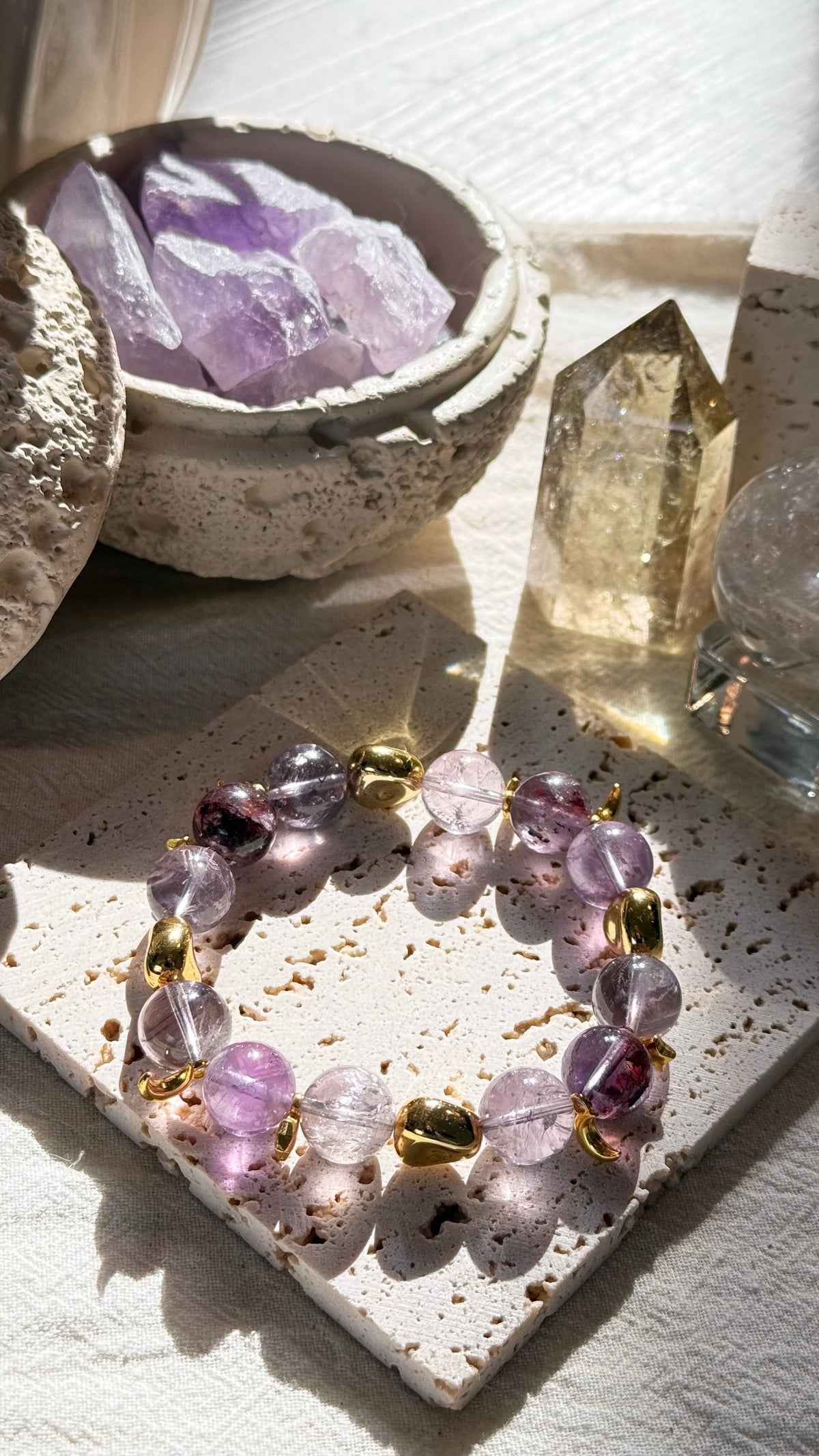 Violet Mist | 12mm Translucent Amethyst & Purple Phantom Bracelet with Gold