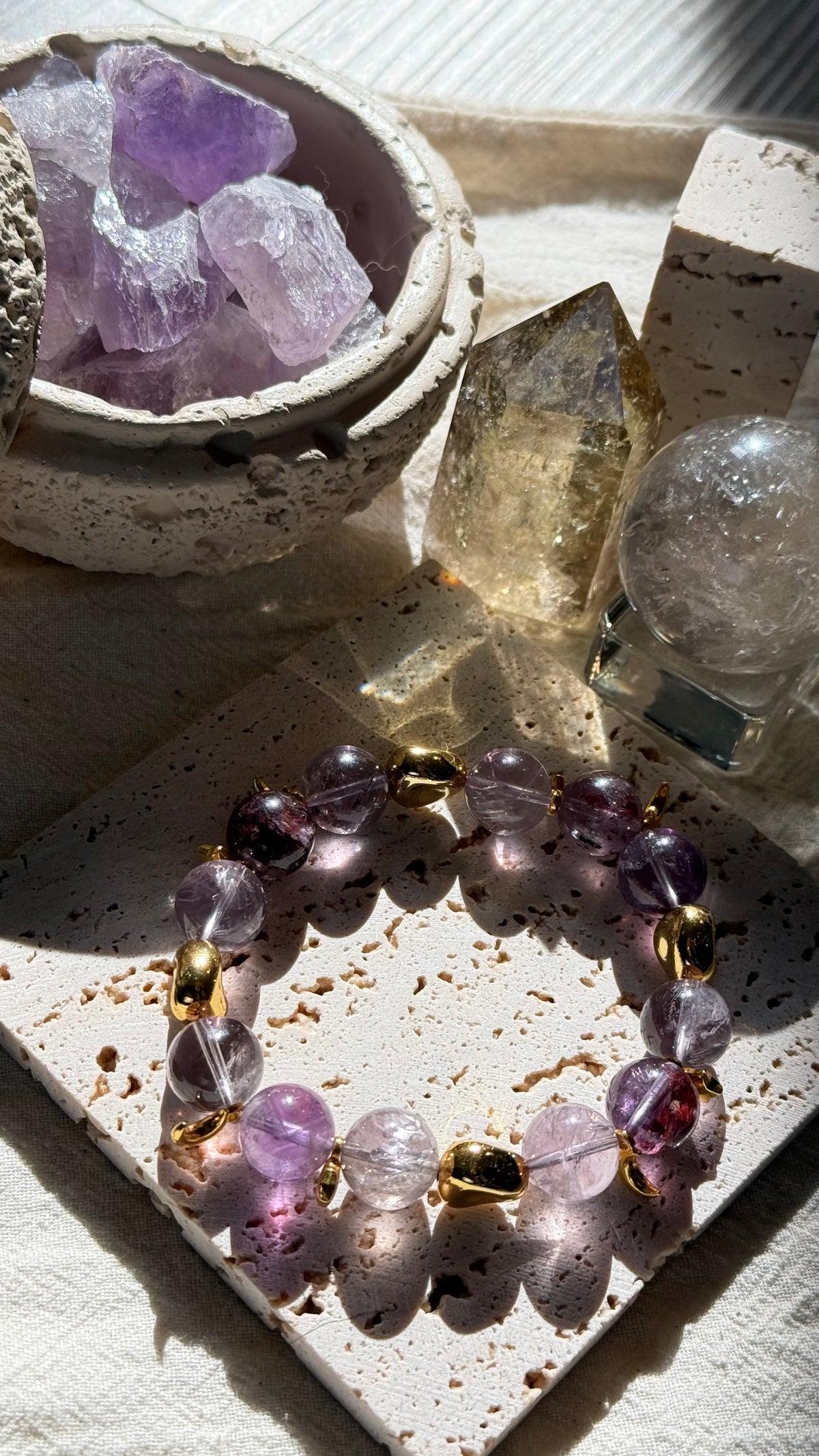 Violet Mist | 12mm Translucent Amethyst & Purple Phantom Bracelet with Gold