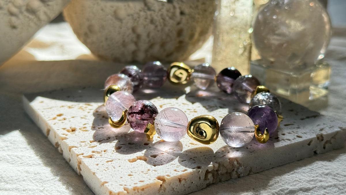 Violet Mist | 12mm Translucent Amethyst & Purple Phantom Bracelet with Gold