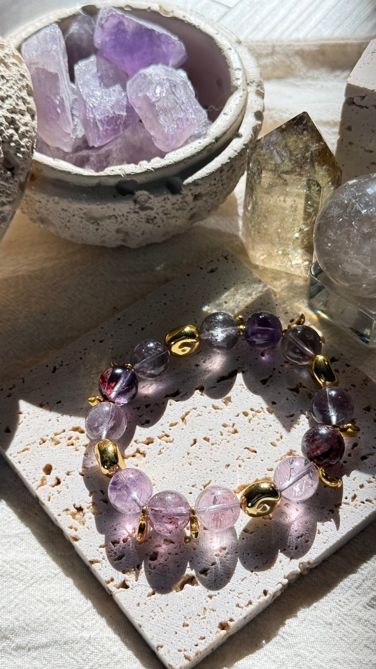 Violet Mist | 12mm Translucent Amethyst & Purple Phantom Bracelet with Gold