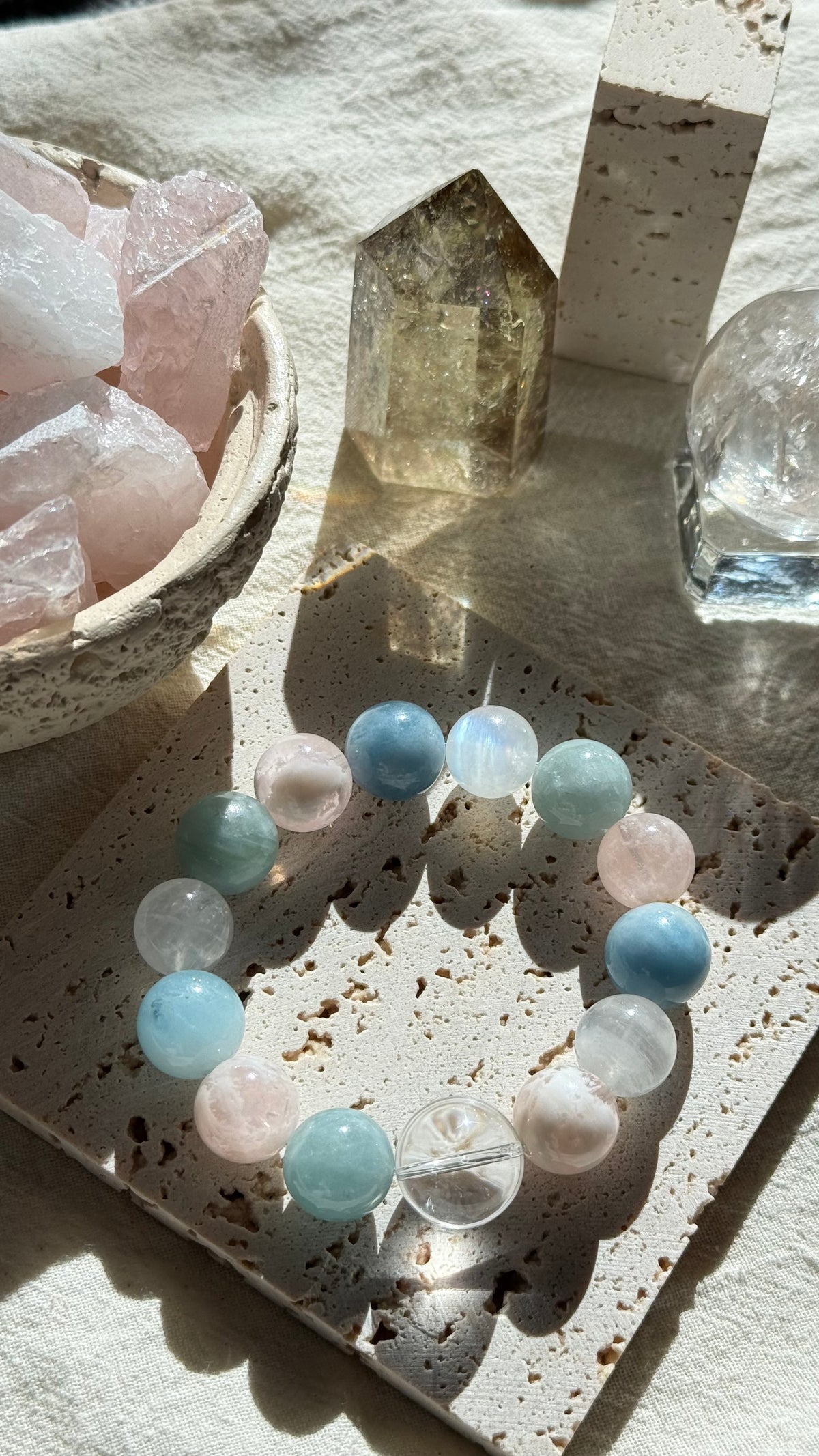 Peach Fizz | 17mm Clear Quartz, Aquamarine, Pink Phantom & Moonstone Bracelet