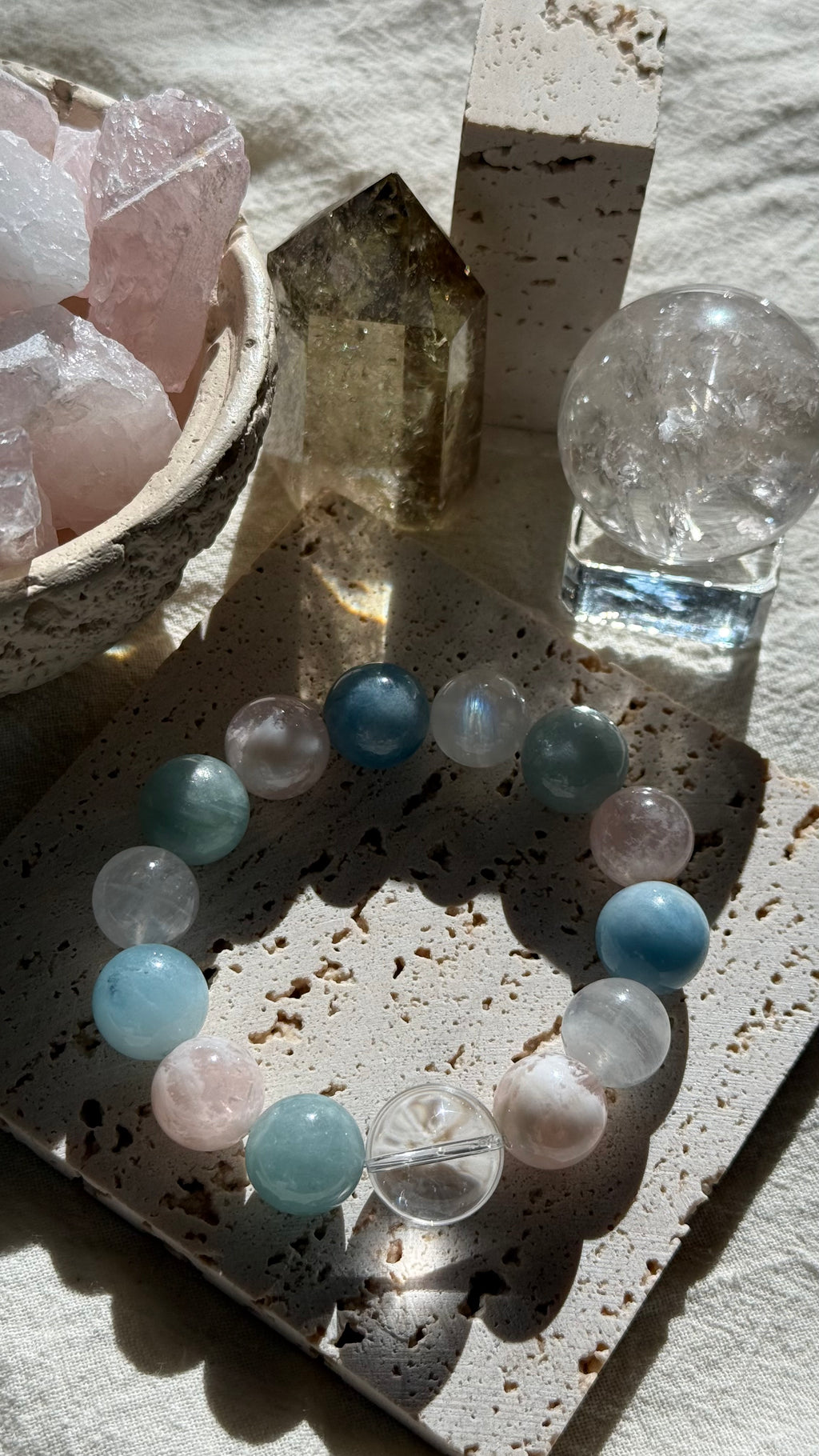 Peach Fizz | 17mm Clear Quartz, Aquamarine, Pink Phantom & Moonstone Bracelet