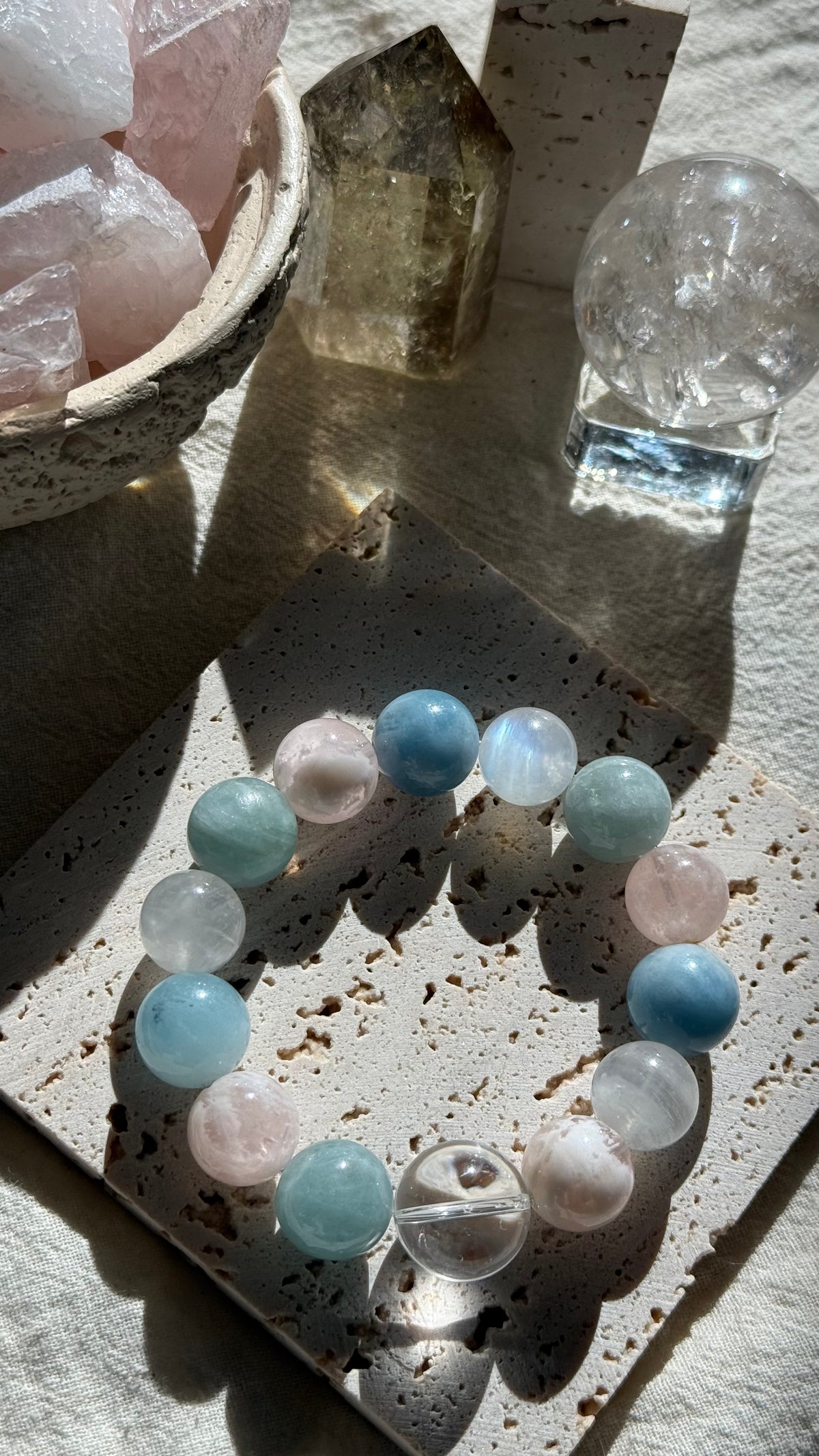 Pastel Horizon | One-of-a-Kind Natural Aquamarine & Pink Phantom Quartz Love Bracelet