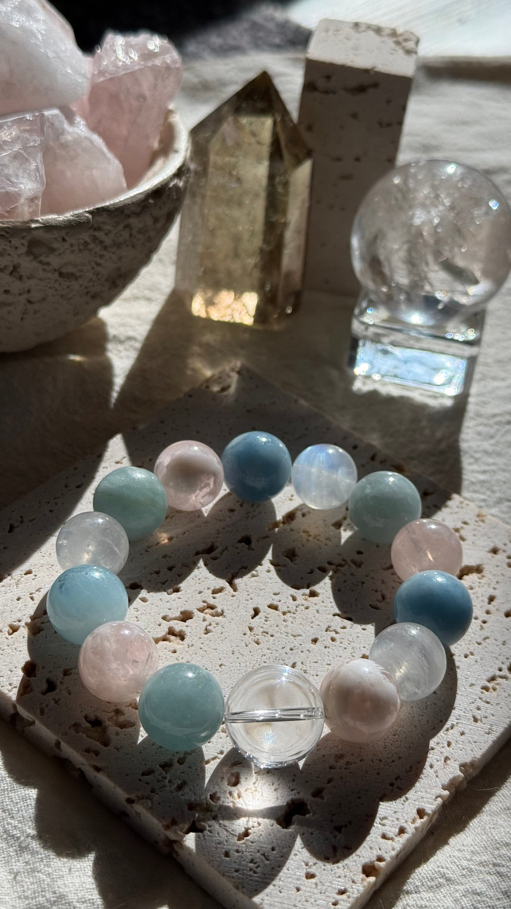 Pastel Horizon | One-of-a-Kind Natural Aquamarine & Pink Phantom Quartz Love Bracelet