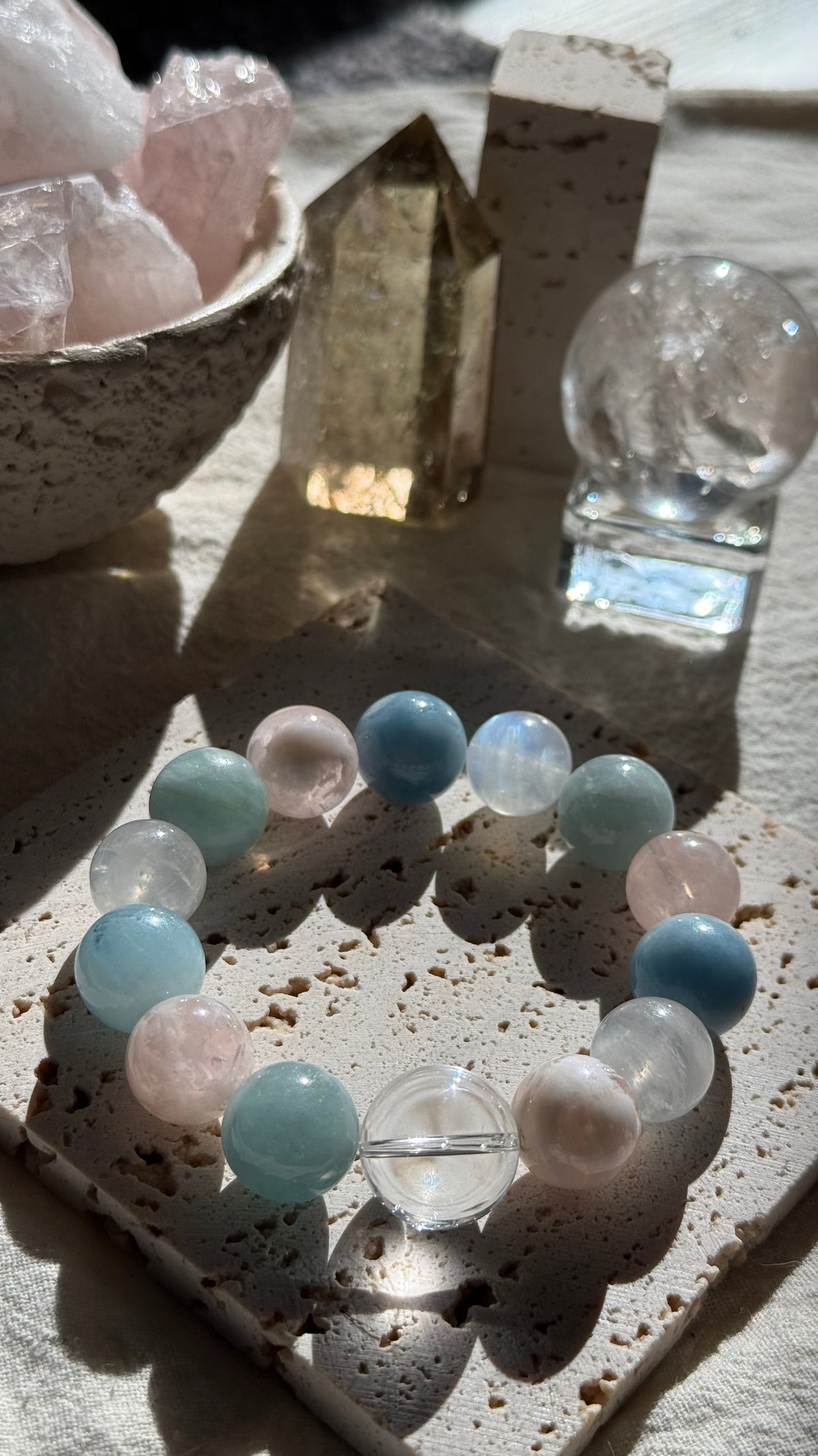 Pastel Horizon | One-of-a-Kind Natural Aquamarine & Pink Phantom Quartz Love Bracelet