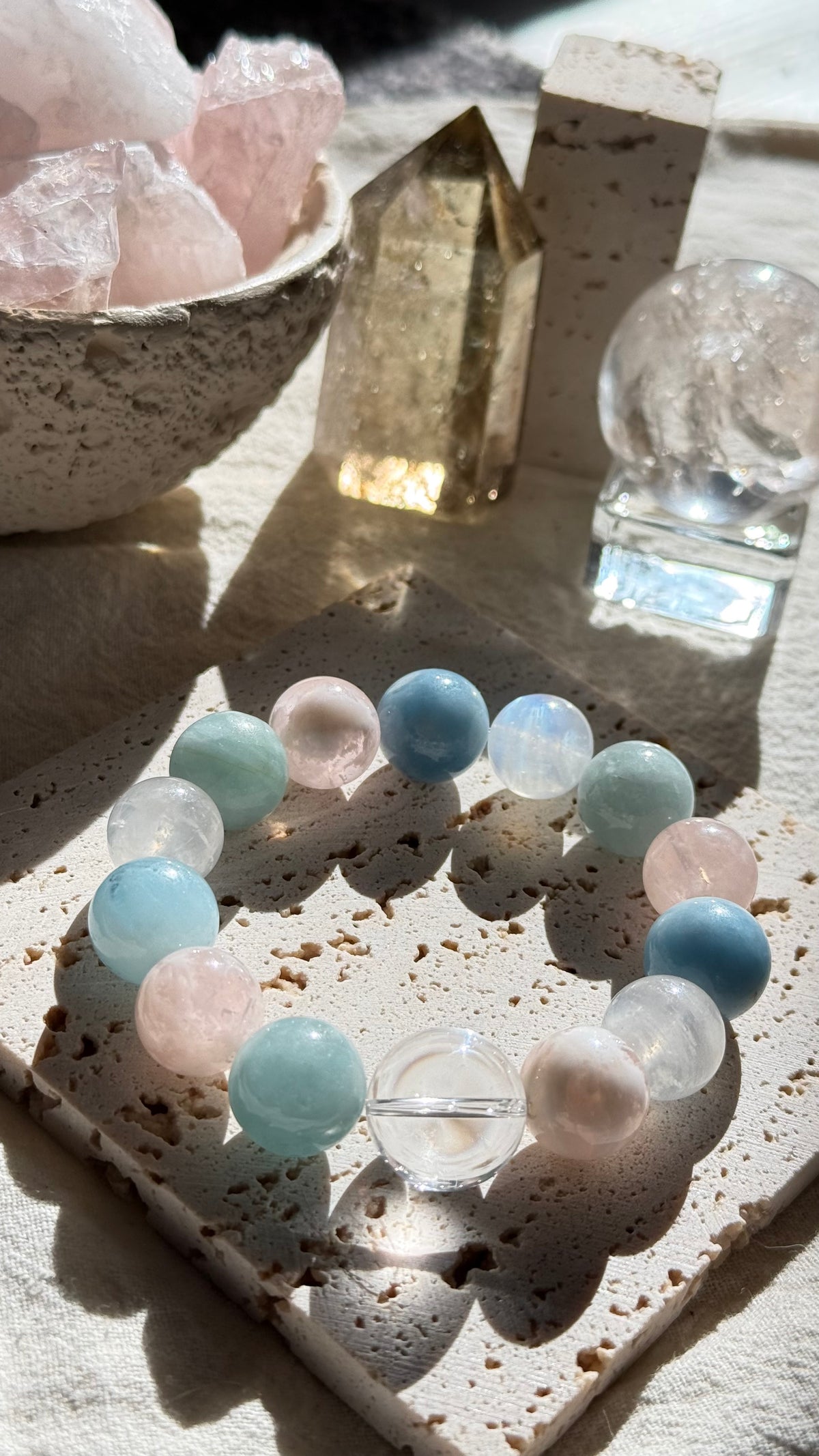Peach Fizz | 17mm Clear Quartz, Aquamarine, Pink Phantom & Moonstone Bracelet