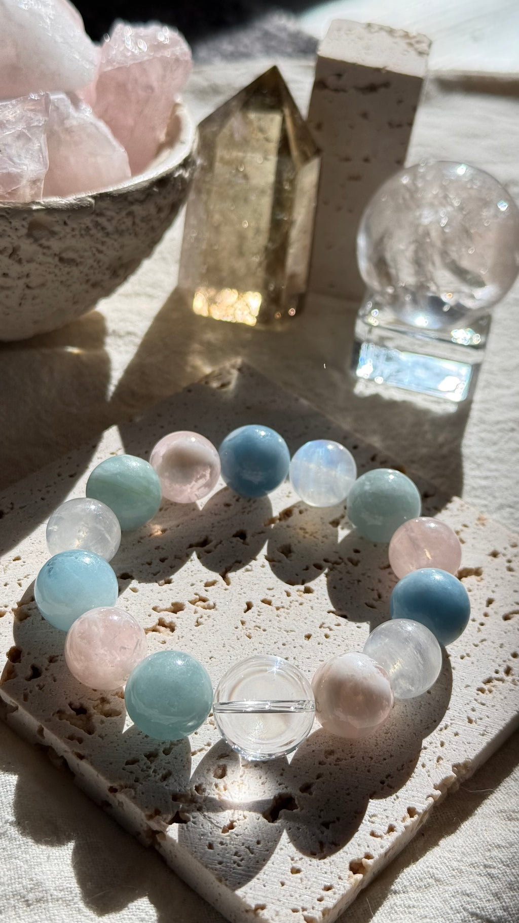 Pastel Horizon | One-of-a-Kind Natural Aquamarine & Pink Phantom Quartz Love Bracelet