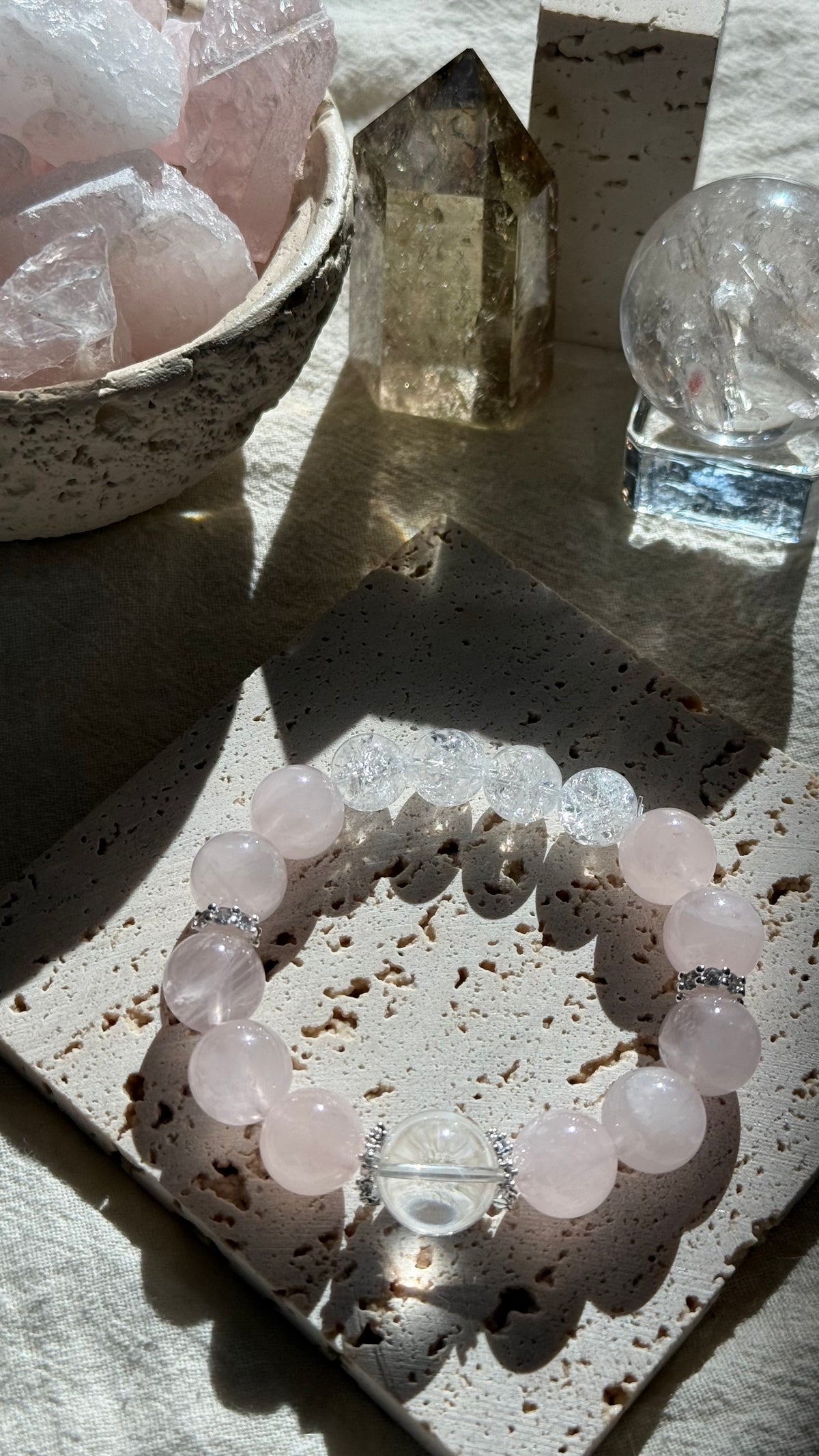 First Snow | 14mm Clear Quartz, Madagascar Rose Quartz & Crackle Quartz Bracelet