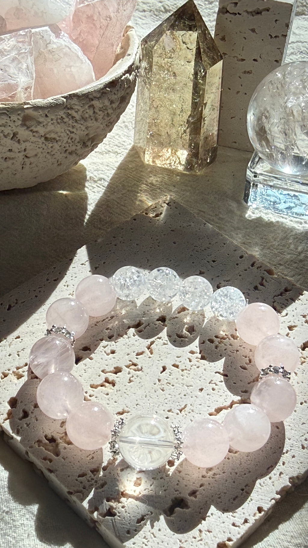 First Snow | 14mm Clear Quartz, Madagascar Rose Quartz & Crackle Quartz Bracelet