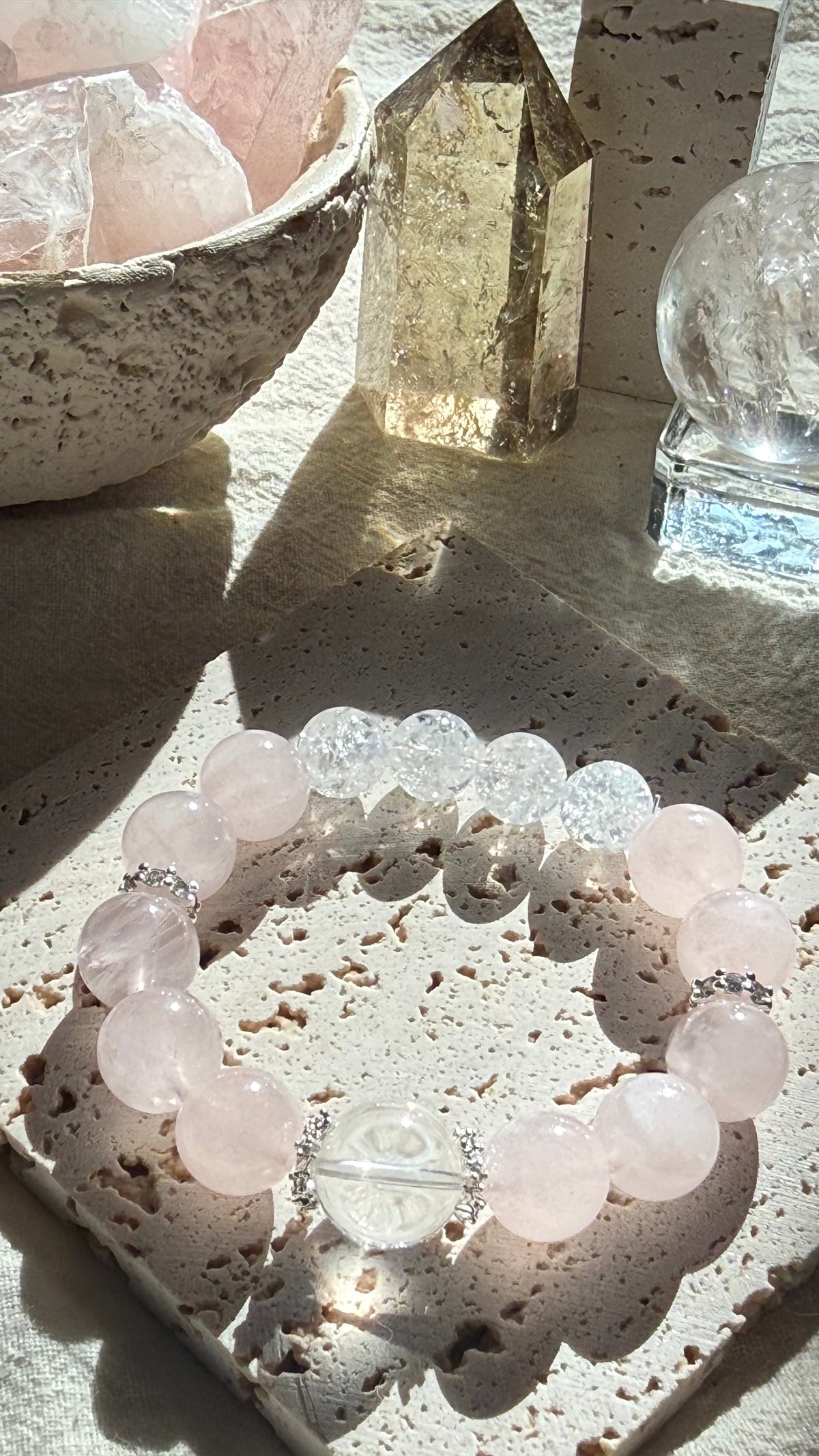 First Snow | 14mm Clear Quartz, Madagascar Rose Quartz & Crackle Quartz Bracelet