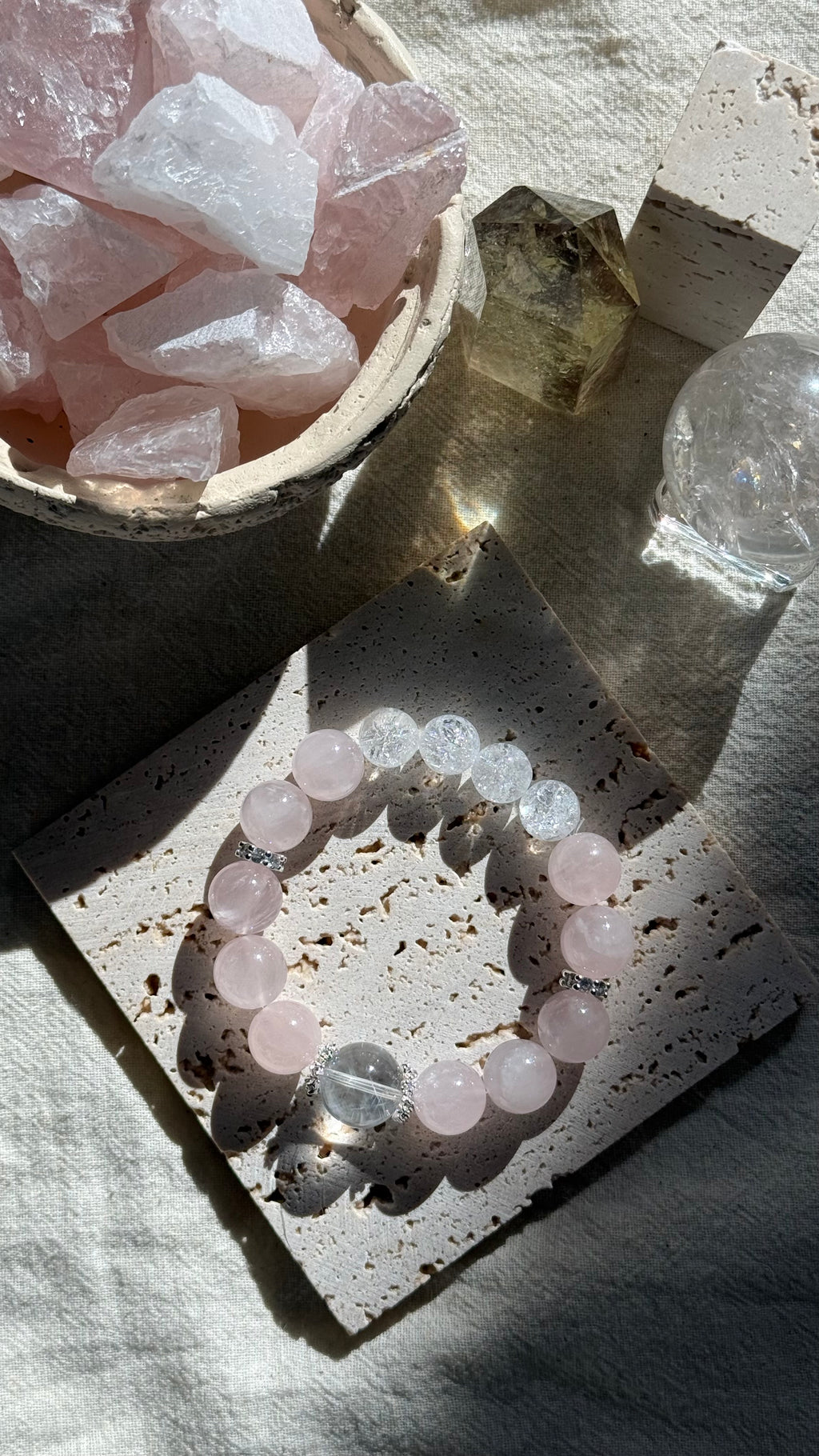 First Snow | 14mm Clear Quartz, Madagascar Rose Quartz & Crackle Quartz Bracelet