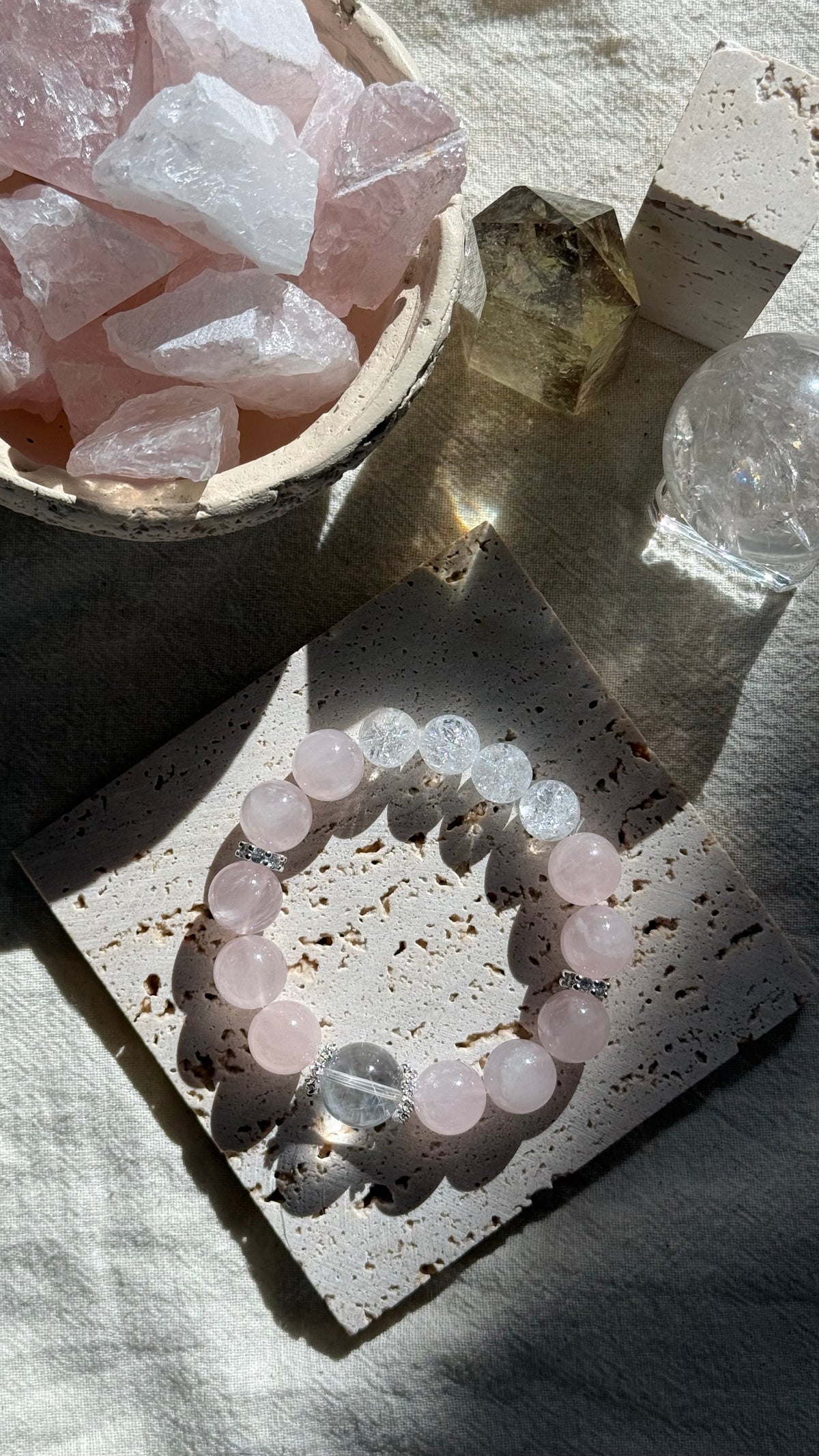 First Snow | 14mm Clear Quartz, Madagascar Rose Quartz & Crackle Quartz Bracelet