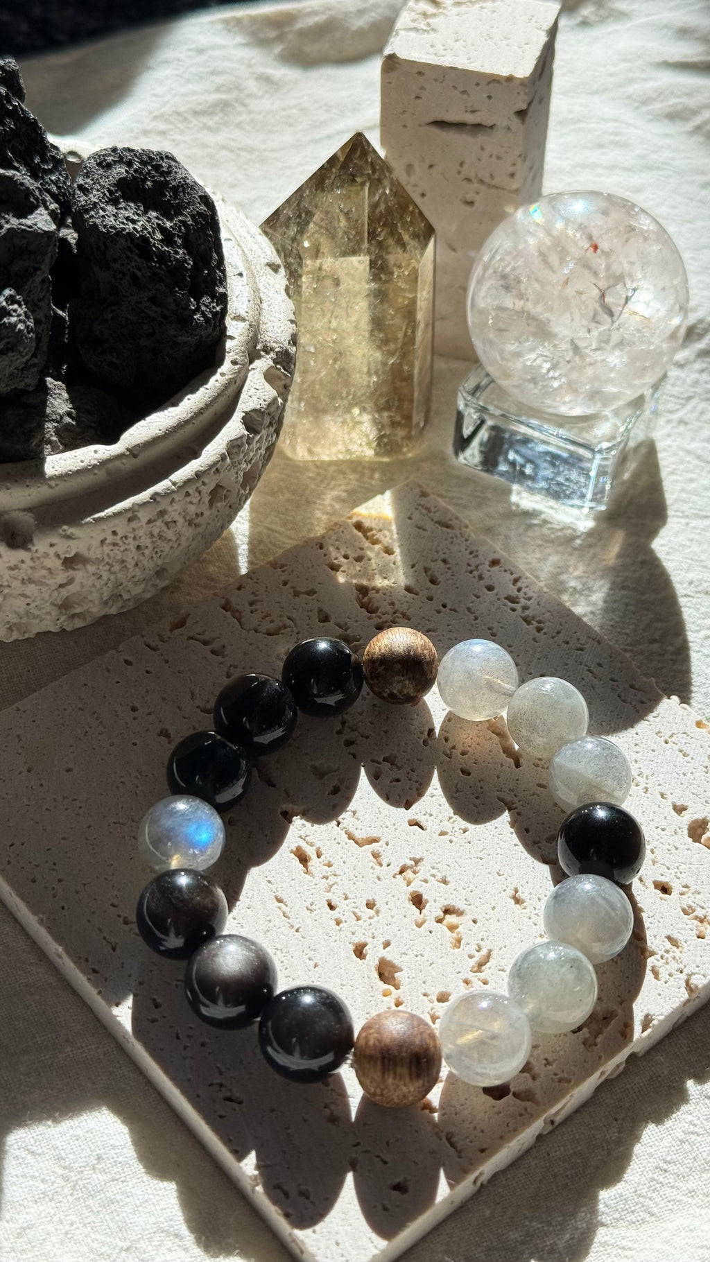 Grey Moonlit | 12mm Obsidian Trio, Grey Moonstone & Agarwood Bracelet