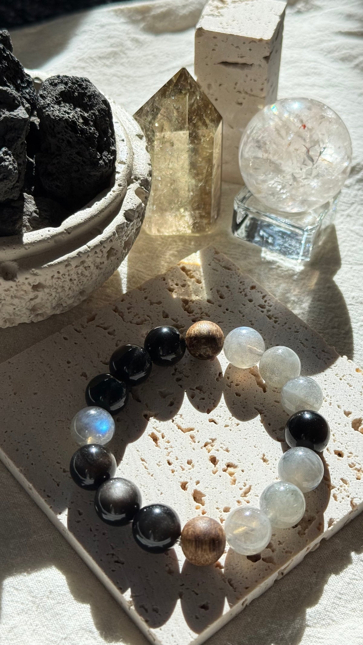 Grey Moonlit | 12mm Obsidian Trio, Grey Moonstone & Agarwood Bracelet