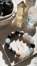 Grey Moonlit | 12mm Obsidian Trio, Grey Moonstone & Agarwood Bracelet