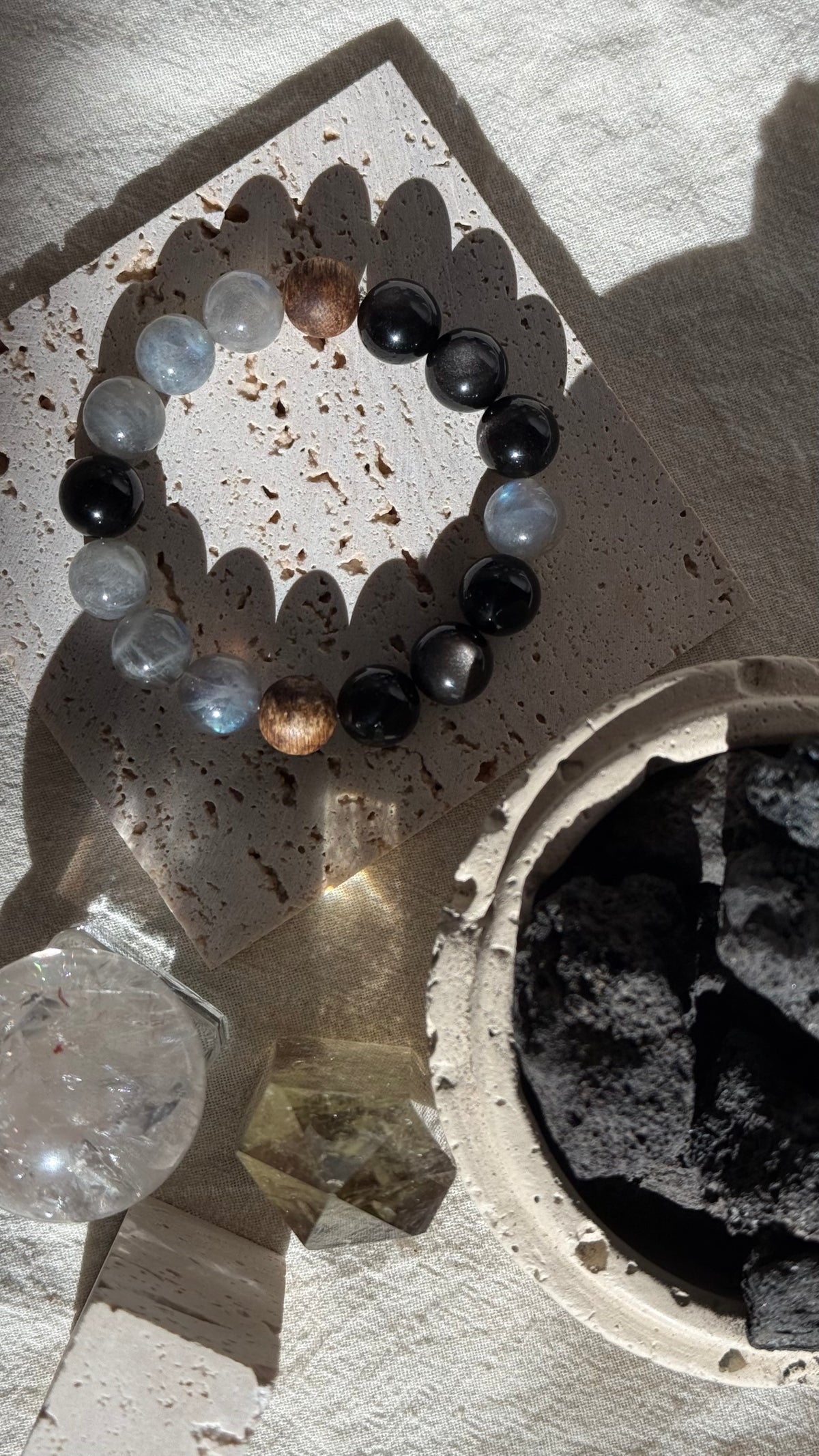 Grey Moonlit | 12mm Obsidian Trio, Grey Moonstone & Agarwood Bracelet