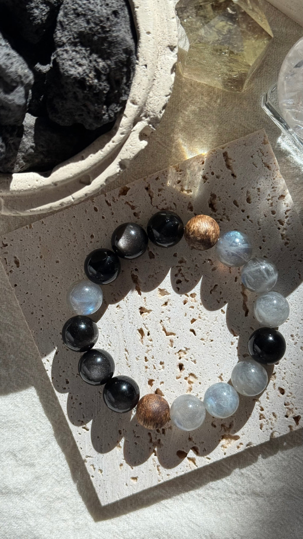 Grey Moonlit | 12mm Obsidian Trio, Grey Moonstone & Agarwood Bracelet
