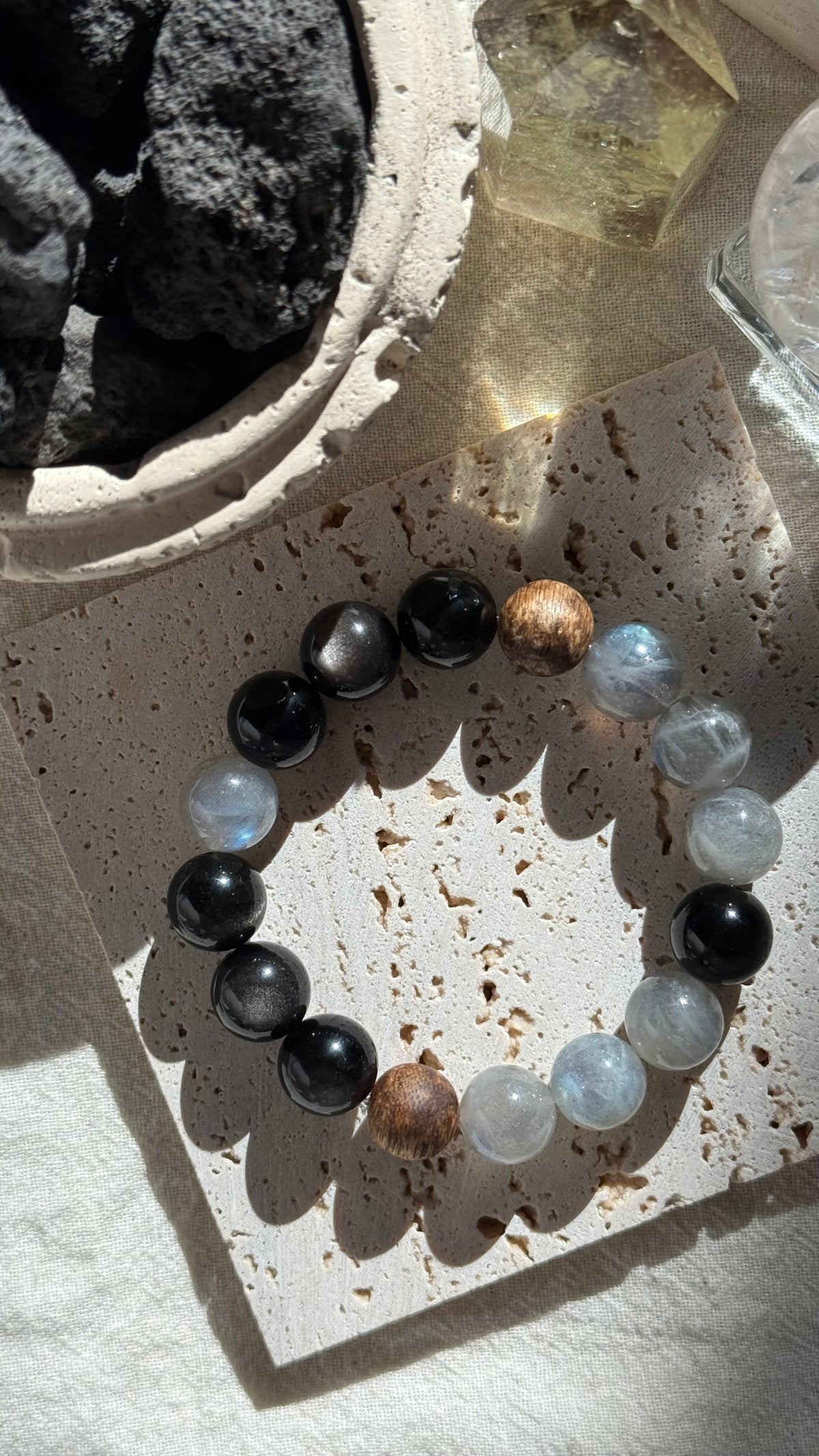 Grey Moonlit | 12mm Obsidian Trio, Grey Moonstone & Agarwood Bracelet