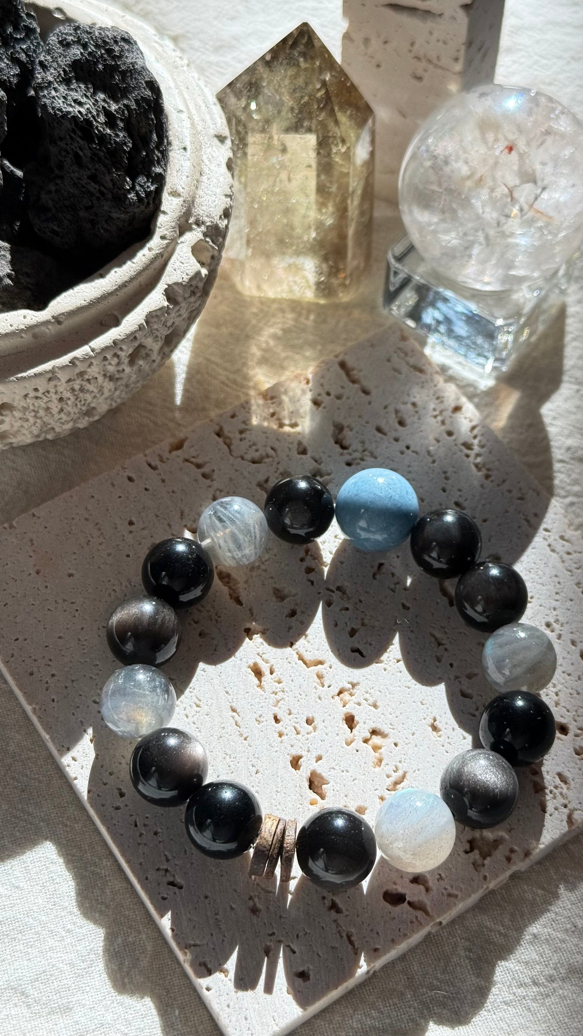Black Moonlit | 14mm Aquamarine, Triple Obsidian & Grey Moonstone Protection Bracelet