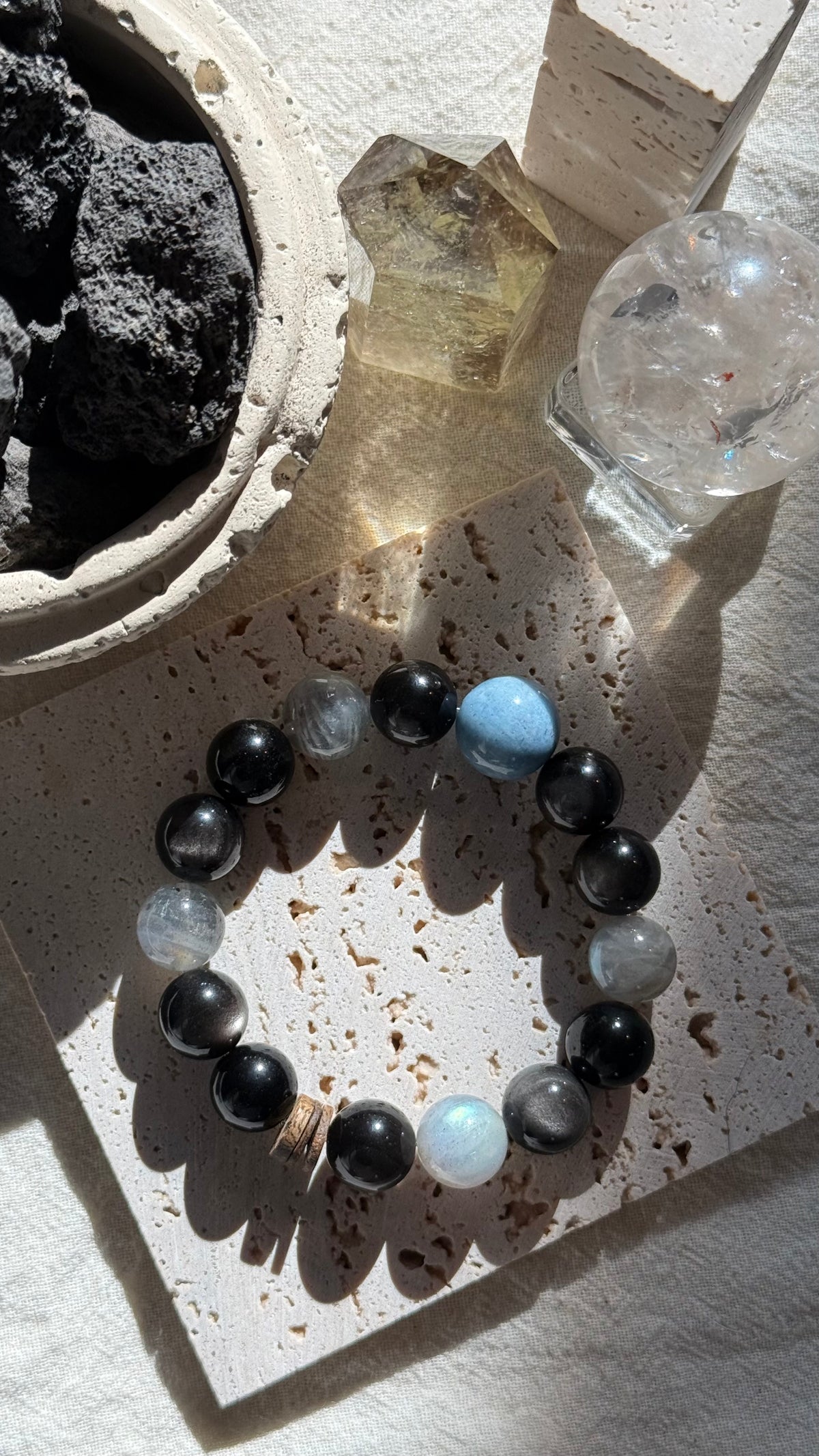 Astral Fortress | One-of-a-Kind Natural Aquamarine & Obsidian Protection Bracelet