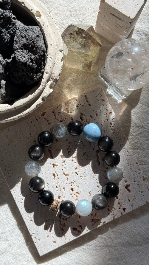 Astral Fortress | One-of-a-Kind Natural Aquamarine & Obsidian Protection Bracelet