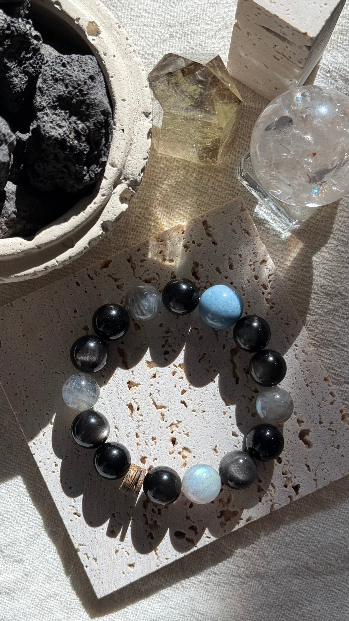 Black Moonlit | 14mm Aquamarine, Triple Obsidian & Grey Moonstone Protection Bracelet