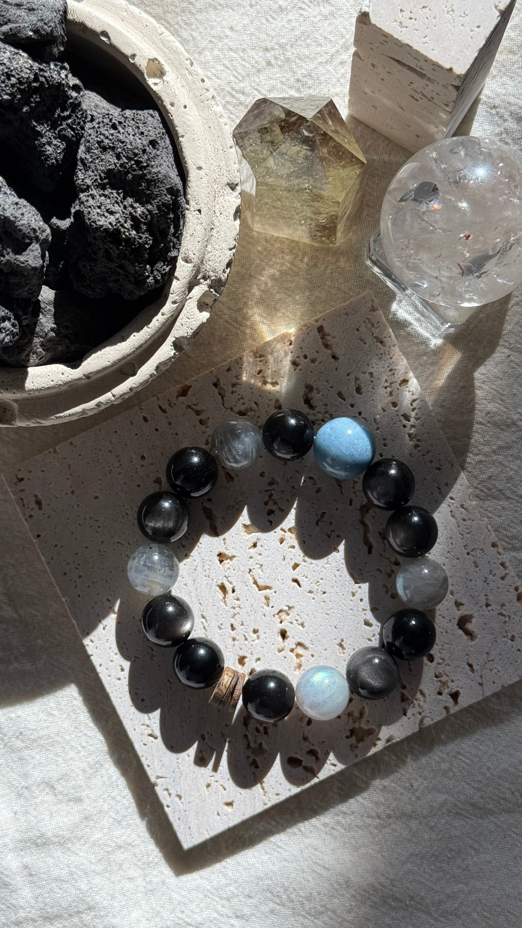 Astral Fortress | One-of-a-Kind Natural Aquamarine & Obsidian Protection Bracelet