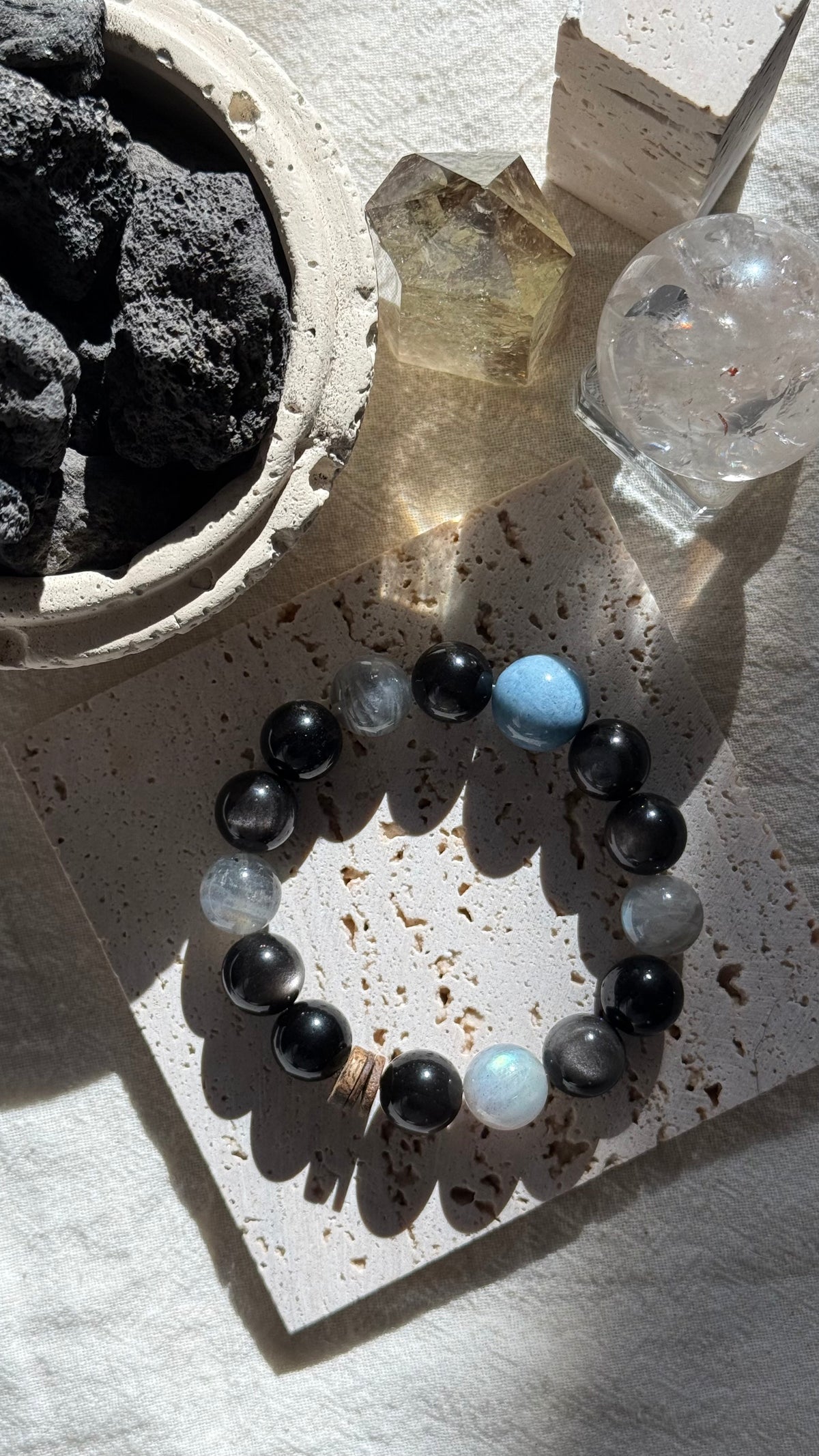 Astral Fortress | One-of-a-Kind Natural Aquamarine & Obsidian Protection Bracelet