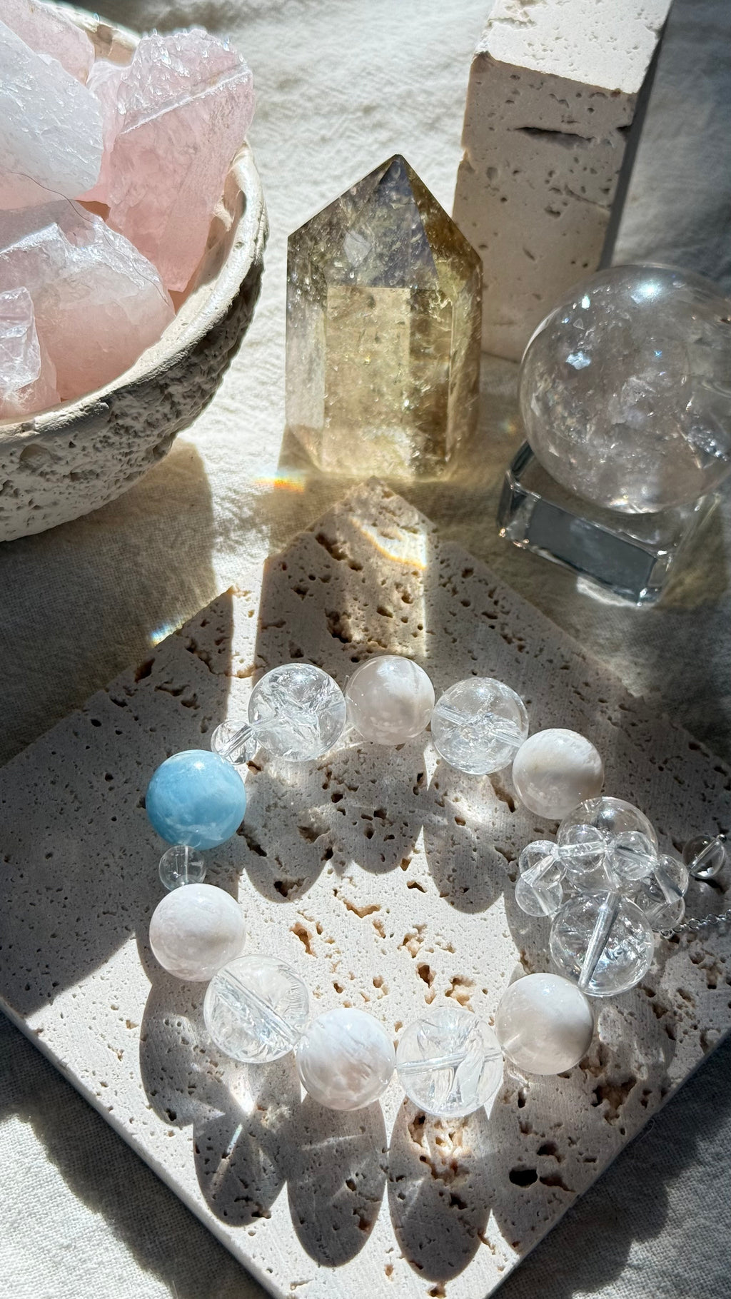 White Fog Ocean | 14mm Aquamarine, Clear Quartz & White Phantom Bracelet