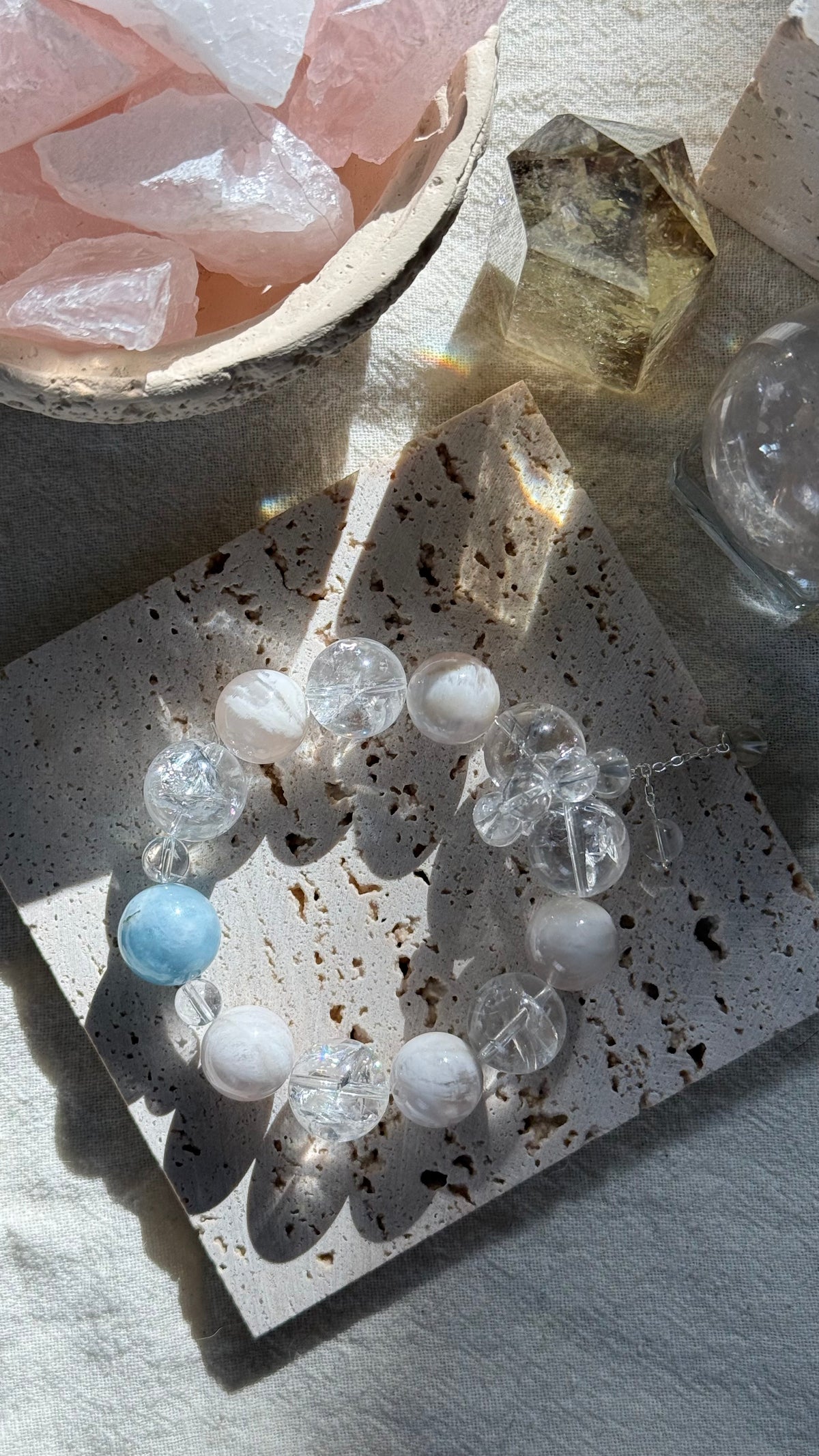 White Fog Ocean | 14mm Aquamarine, Clear Quartz & White Phantom Bracelet