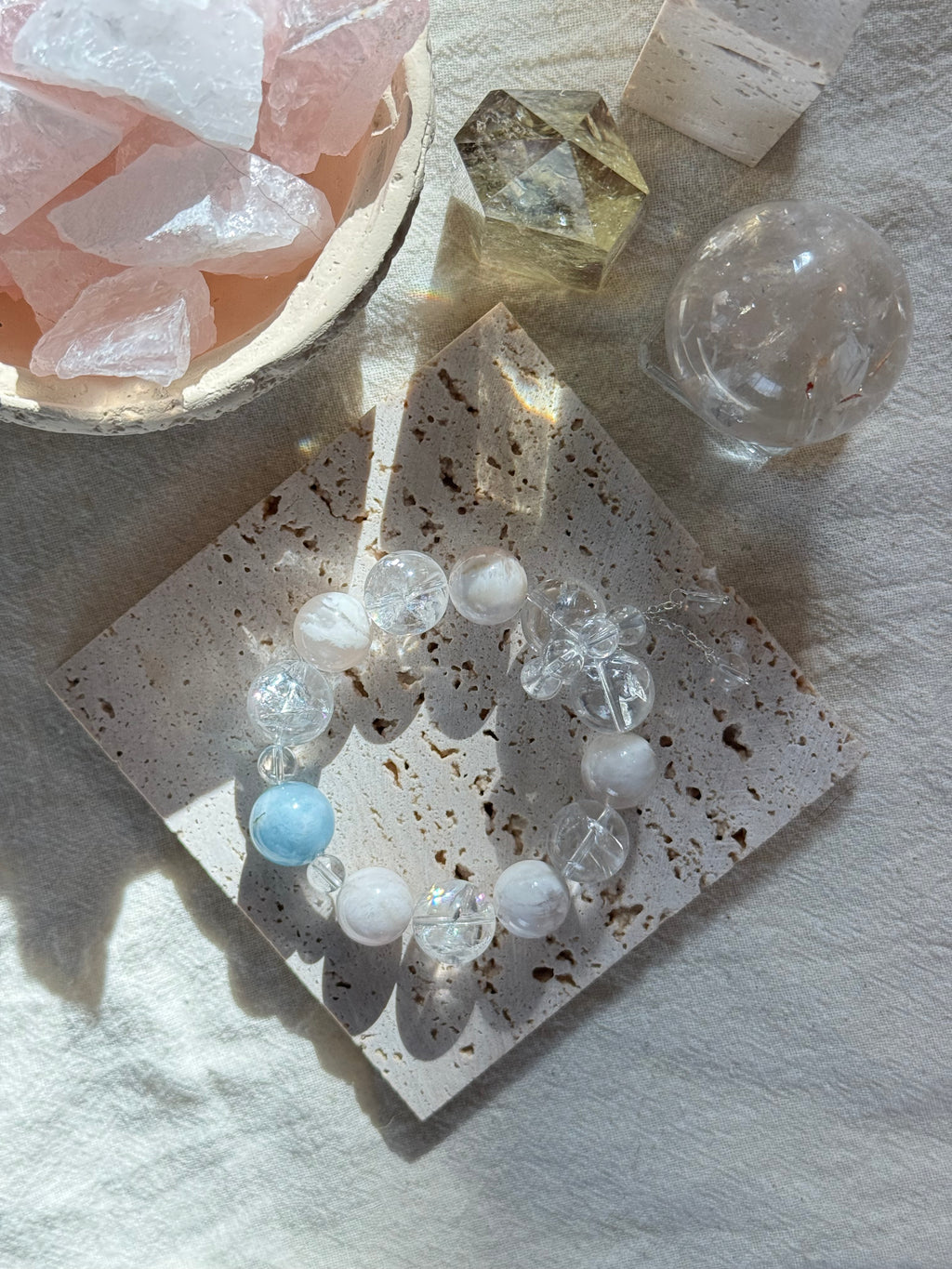 White Fog Ocean | 14mm Aquamarine, Clear Quartz & White Phantom Bracelet