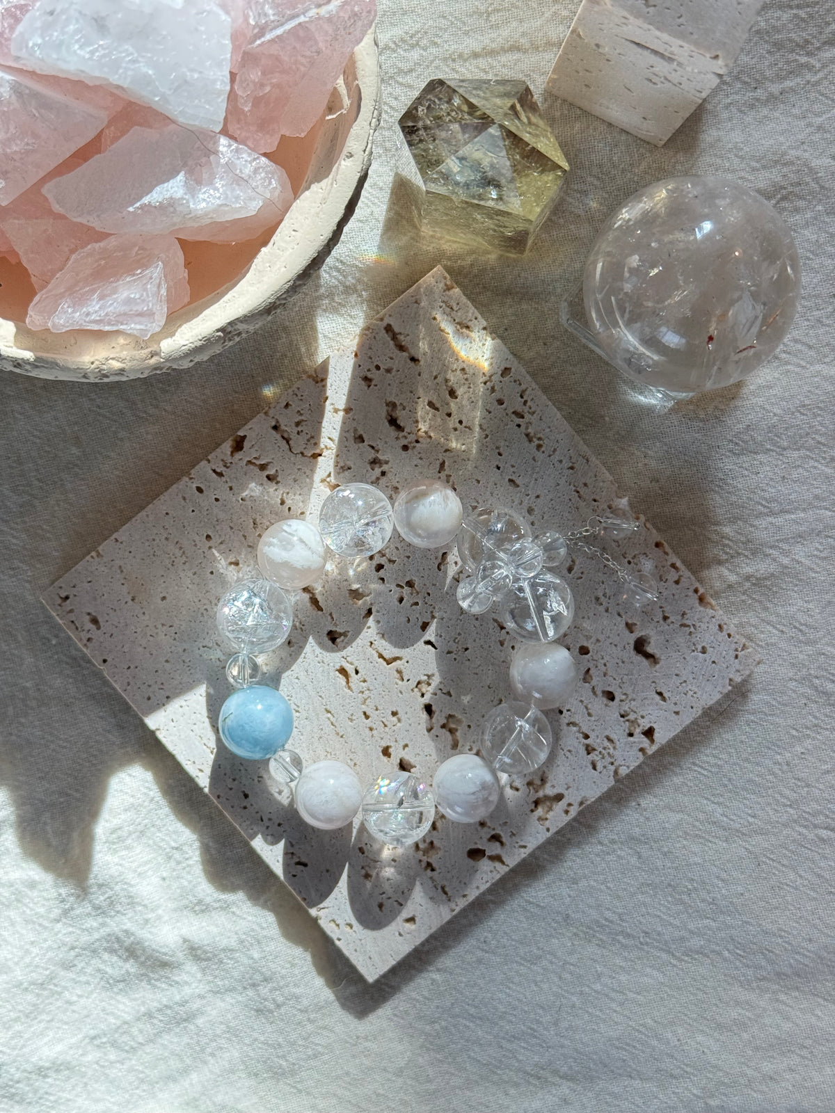 White Fog Ocean | 14mm Aquamarine, Clear Quartz & White Phantom Bracelet
