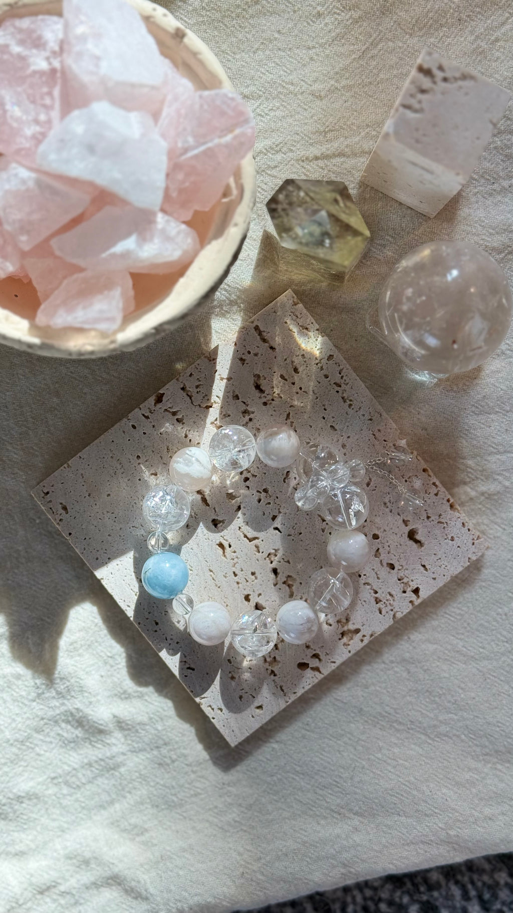 White Fog Ocean | 14mm Aquamarine, Clear Quartz & White Phantom Bracelet